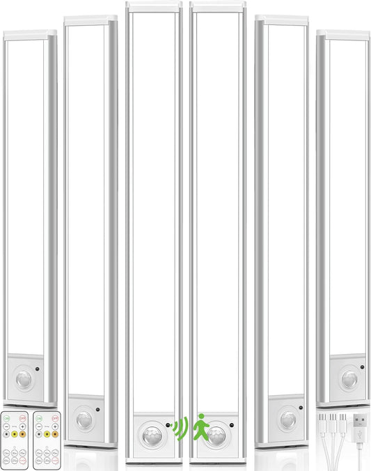 6Pack 16inch Under Cabinet Lighting, Rechargeable Motion Sensor Light Wireless Indoor, Dimmable 3 Color Temps Closet Lights with Remote, Under Counter LED Lights for Kitchen, Stairs