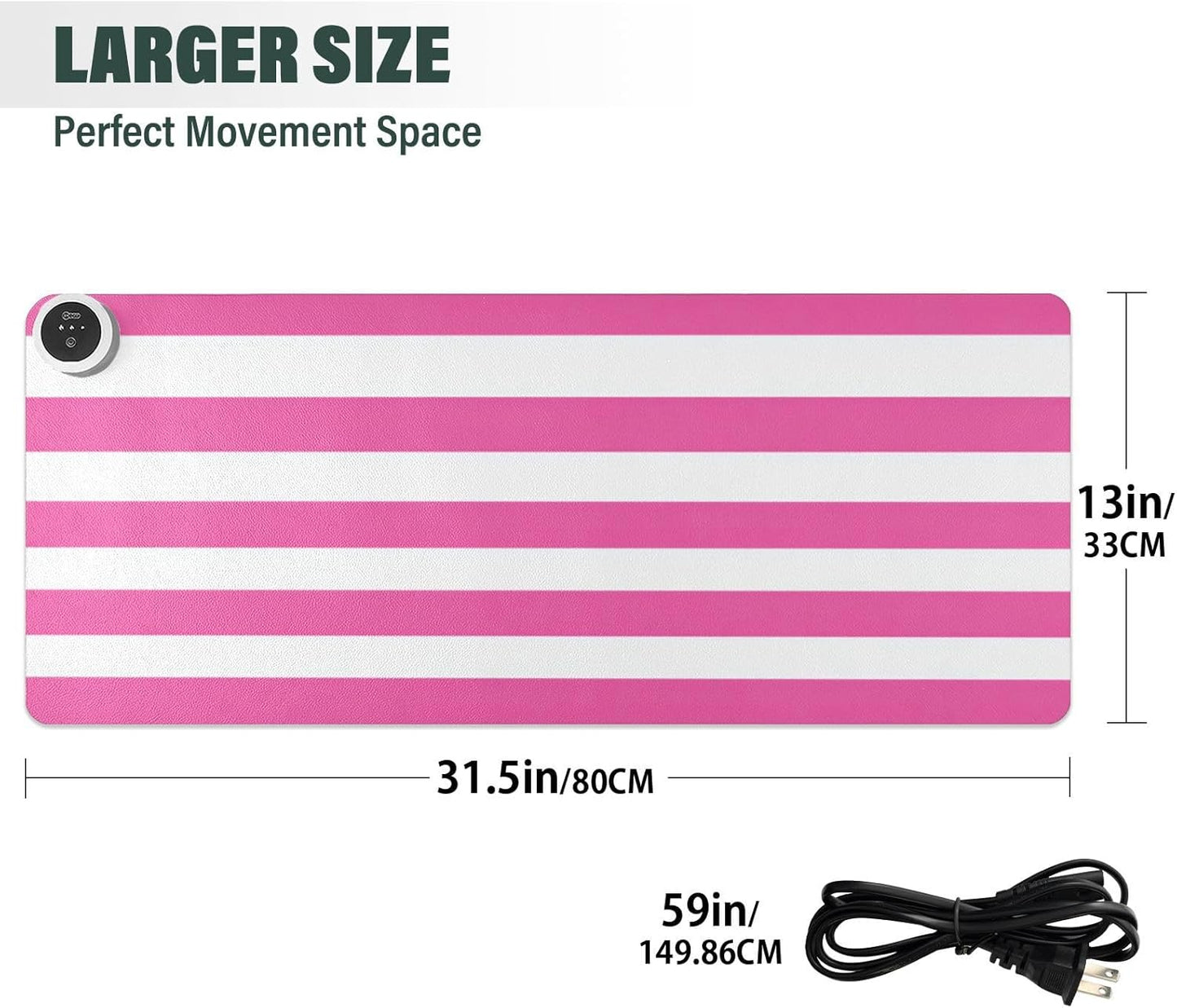 Heated Desk Pad Mouse Pad 31.5x13 Inch PU Leather Desk Mat with 3 Heat Levels Large Mouse Gaming Computer Laptop Mat Hot Pink White Stripes