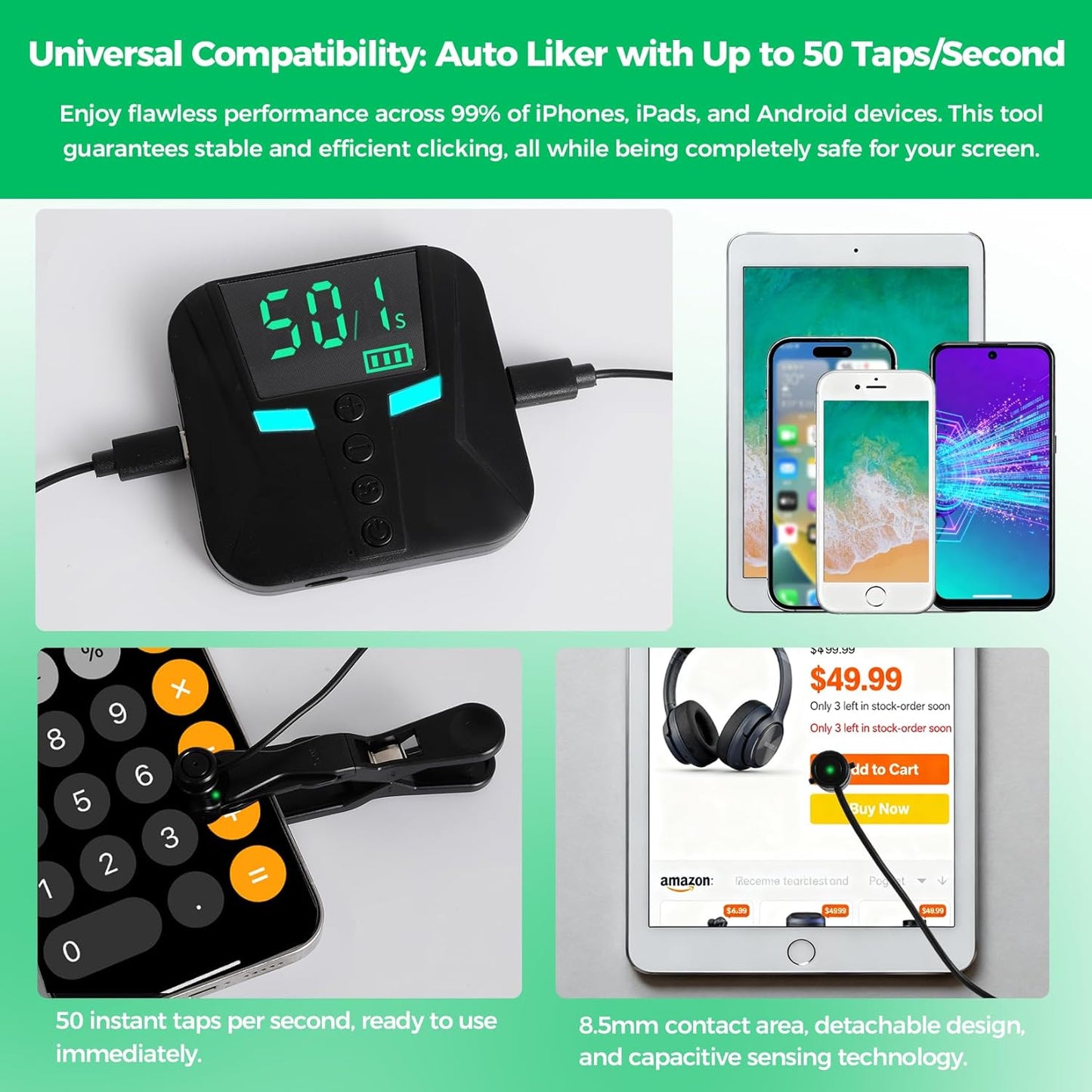 PAWFECTJEE Auto Clicker for iPhone Android, Gaming Screen Tapper with 50 Clicks/Sec, Ultra-Slow Mode, Compatible with iOS iPad, Live Likes & Rewards (Controller with 2 Click Heads)