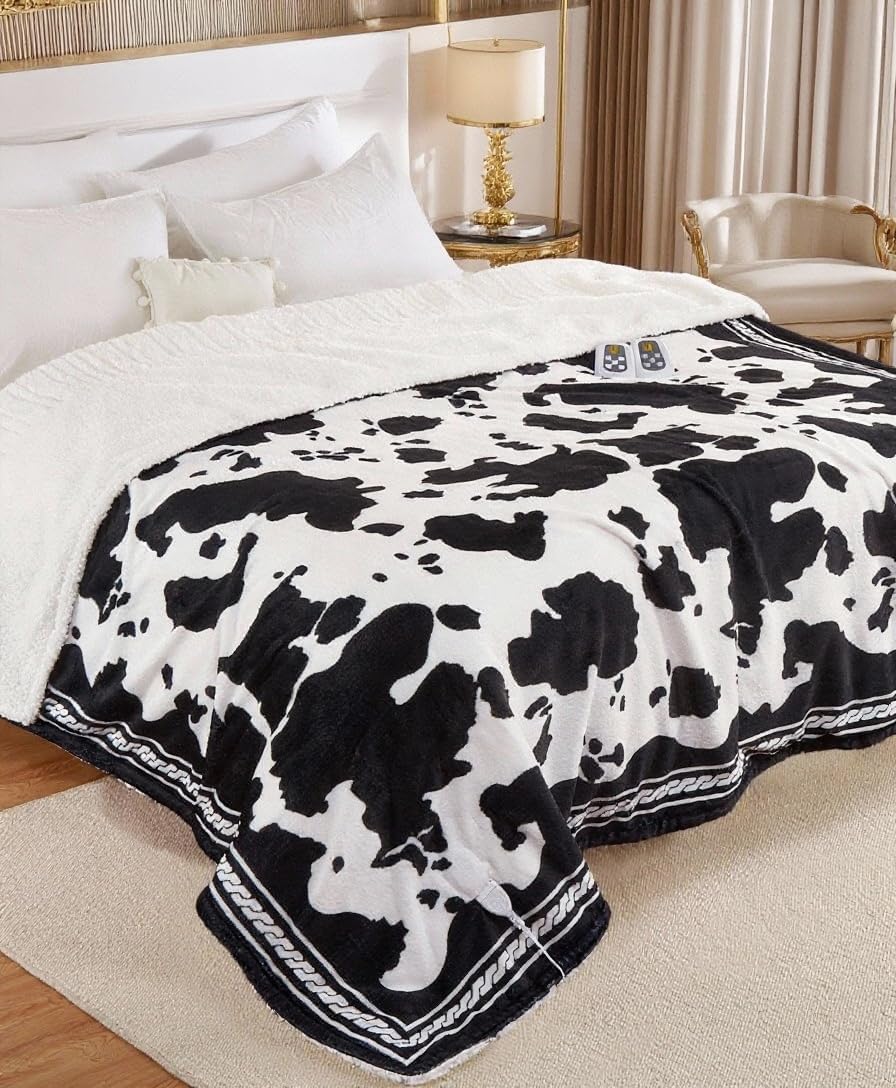 CAROMIO Heated Electric Blanket Queen Size with LCD Dual Controller, Cow Print Heating Blankets, 10 Heat Levels & 1-12H Time Settings, ETL Certified, Machine Washable, Black White, 84" x 90"