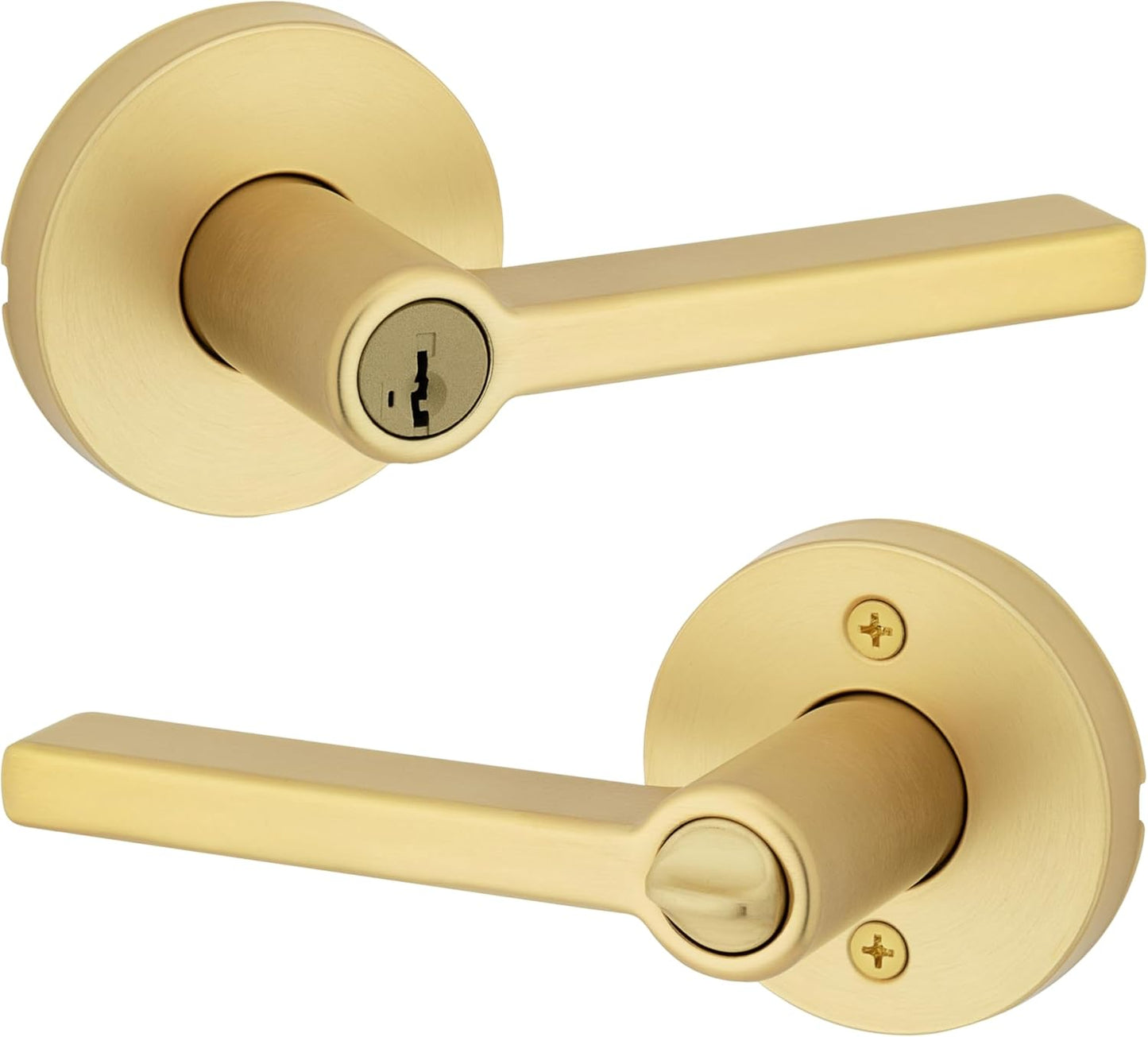 Kwikset Halifax Entry Door Handle with Lock and Key, Secure Keyed Reversible Lever Exterior, for Front Entrance and Bedrooms, Satin Brass, Pick Resistant Smartkey Rekey Security and Microban