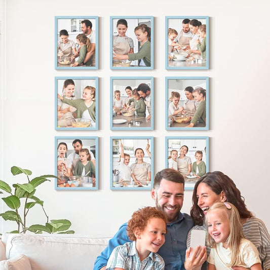 Renditions Gallery Set of 9, 11X14 Custom Photo Prints with Real Wood Picture Frames. Create Personalized Photos with Peel & Stick Photo Frames. Blue Frame