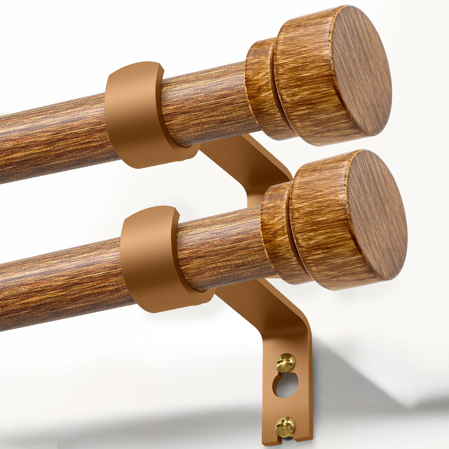 2 Pack Wood Curtain Rods for Windows 28 to 48 Inches 1" Diameter Boho Decorative Heavy Duty Window Curtain Rod Set Adjustable with Solid Imitation Wood Grain Finials for Living Room Bedroom Kitchen