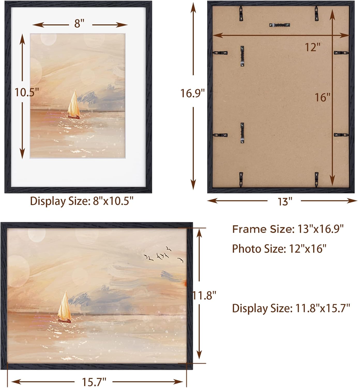 Fun Memories Black 12x16 Picture Frames, Solid Oak Wood Frame 12 by 16 Set of 3, Black Wood Frame with Mat & Tempered Glass, Matted to 8.5x11, Oak Wood Minimalist 12x16 Poster Frames