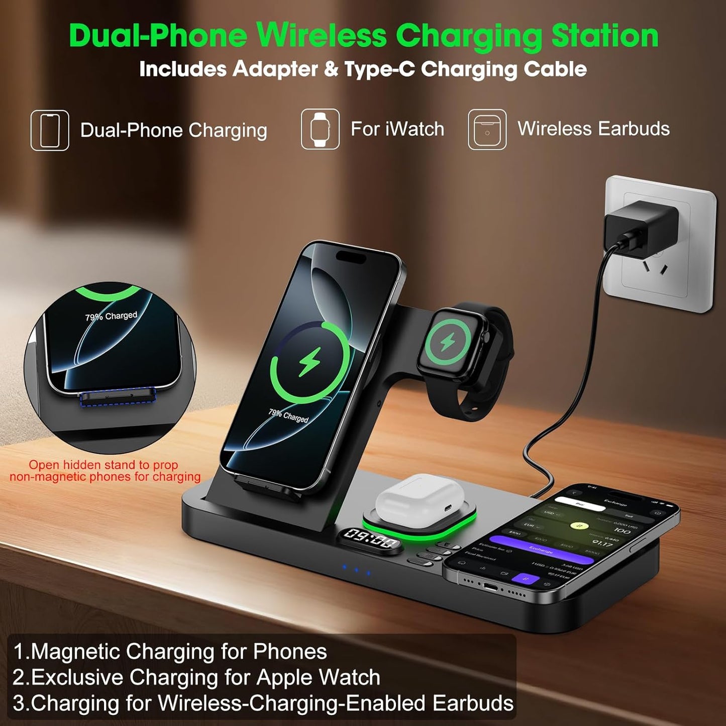 Dual Phone Wireless Charging Station for Apple Devices, Magnetic Charging Station for iPhone with Auto Switch 7-Color Light&Clock, Family Watch Charger for iPhone17 for iWatch11 for AirPods Pro3(Black