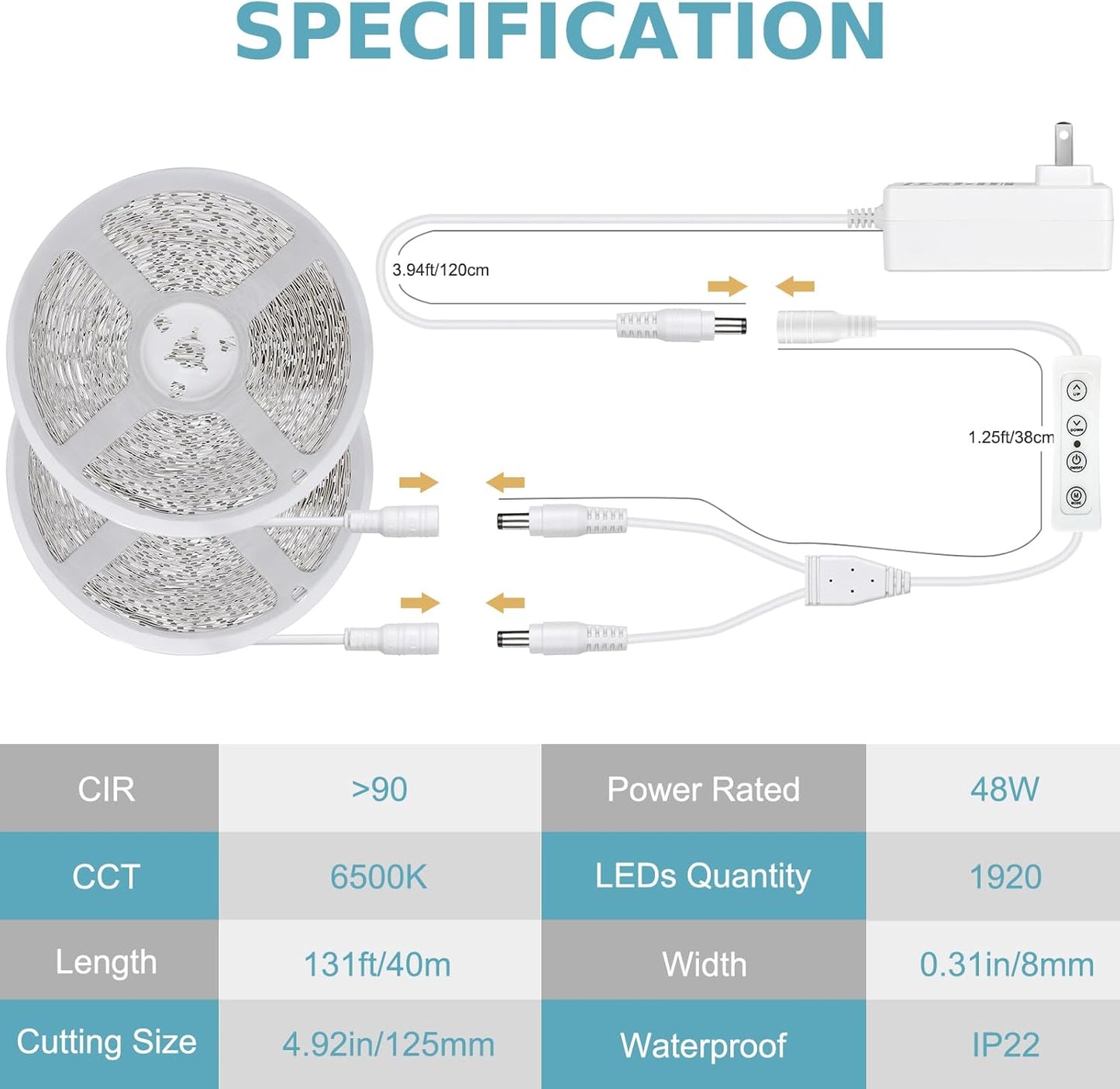White LED Strip Lights, 131ft Dimmable 24V LED Lights Strip 6500K Bright Daylight White, Flexible Tape Lights for Bedrooms, Kitchen, Cabinet, Christmas Decor, 2 Rolls of 65.6ft