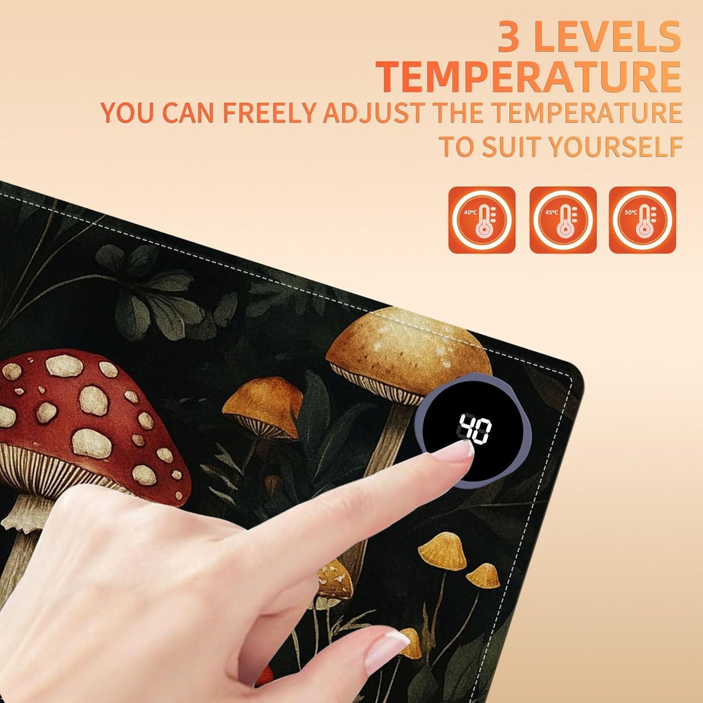 Heated Mouse Pad 23.6 x 14 in 3-Temp Fast Heating Desk Mat with Auto Timer Warmer for Hands Wrist Pain Relief Waterproof Keyboard Mat for Office, Gaming, Home, Mushroom Forest