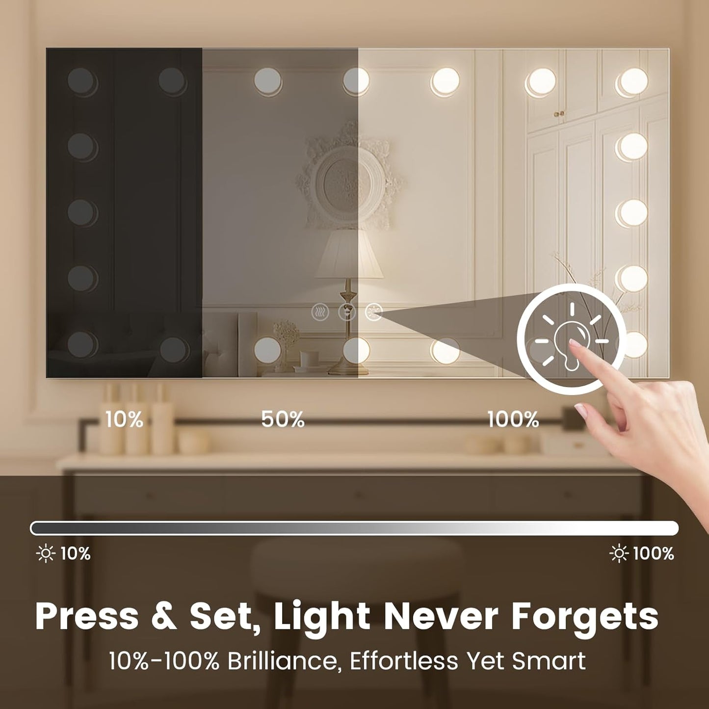 WTTY LED Bathroom Mirror with Lights 55"x36" Hollywood Wall-Mounted Mirror with 3 Color Temperatures, Stepless Dimmable Bulbs, Anti-Fog & Shatter-Proof