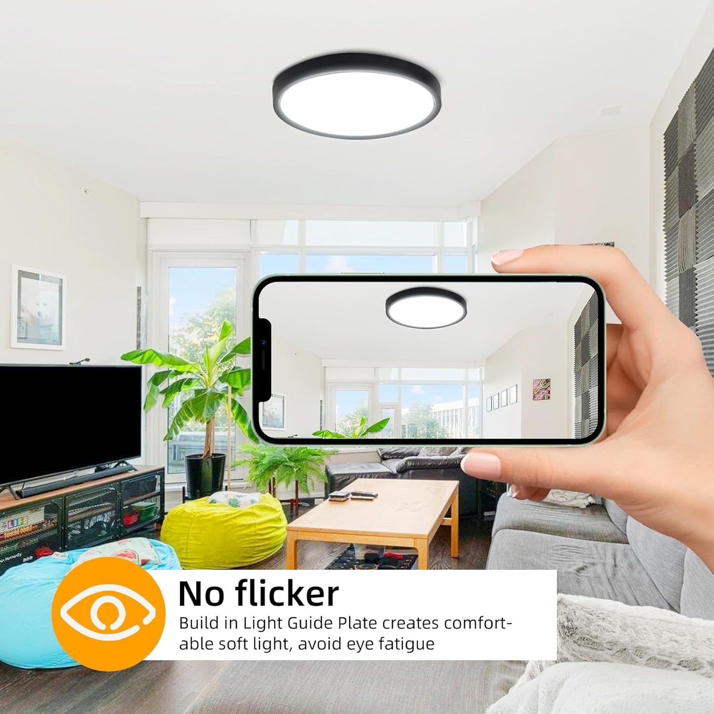 Hlite 4pack 12 inch Flush Mount LED Ceiling Light Fixture,24W 2400LM Super Slim Light Fixtures Ceiling Mount 3000K/4000K/5000K 3CCT Selectable,Light Fixtures for Kitchen,Bedroom (Black)