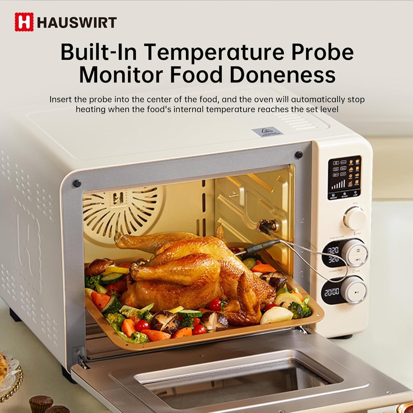 Hauswirt Toaster Oven Air Fryer, XL Large Convection Oven Countertop Rotisserie Chicken 42Qt 3-Tier for 5-8 People, 8 Mode Smart Toaster Stainless Steel 80°F - 500°F Quick & Even Crisp - Ivory