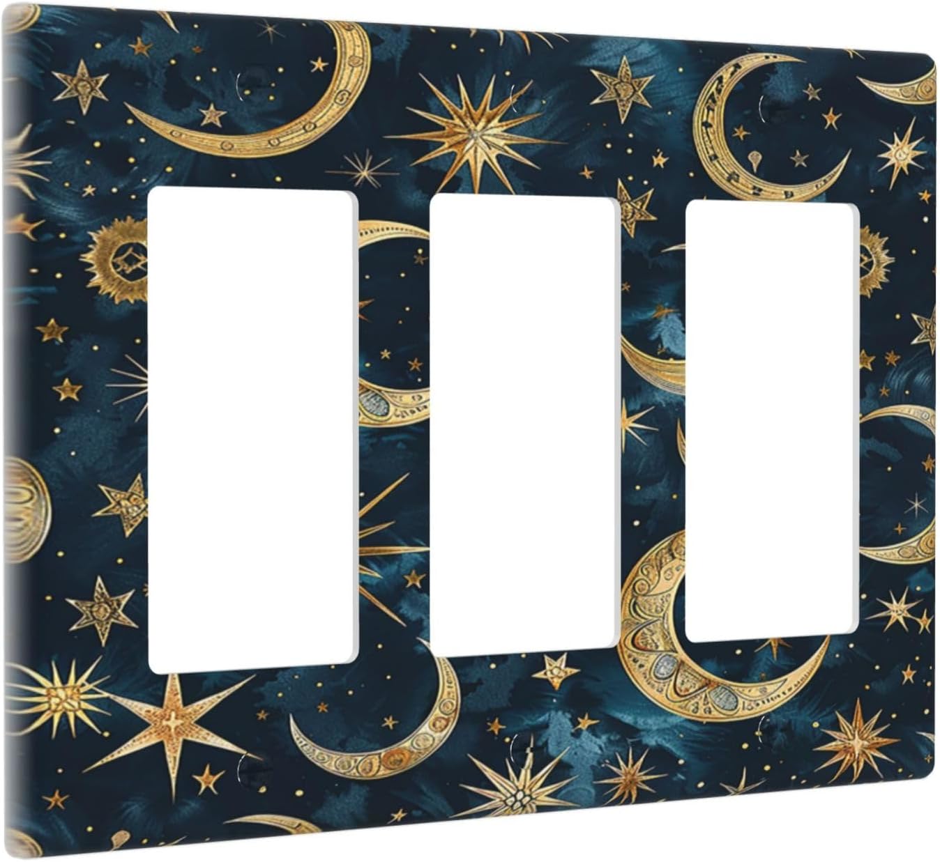 Light Switch Covers Modern Abstract Sky Blue Gold Moon Sun Star 3 Gang Rocker Electrical GFCI Decorative Triple Outlet Wall Plate Cover Switchplate for Bedroom Kids room Decor