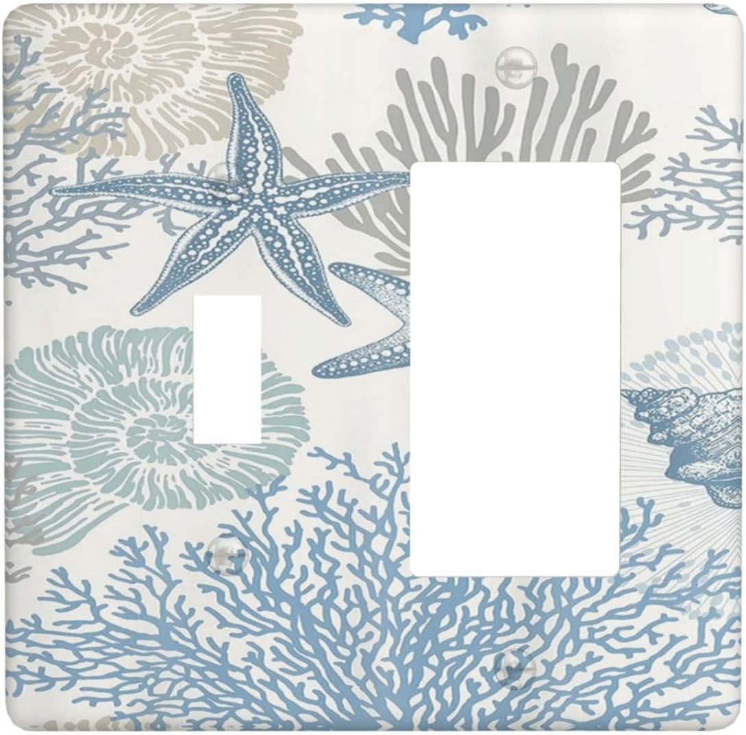 Decorative Outlet Covers Blue Starfish Coral Seaweed 2 Gang Wall Plate Single Toggle 1 Rocker Light Switch Cover Switch Plate Covers for Bathroom Bedroom Home Decor