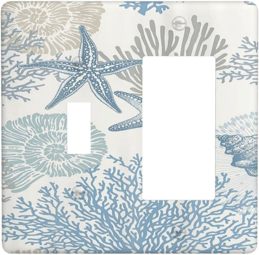 Decorative Outlet Covers Blue Starfish Coral Seaweed 2 Gang Wall Plate Single Toggle 1 Rocker Light Switch Cover Switch Plate Covers for Bathroom Bedroom Home Decor