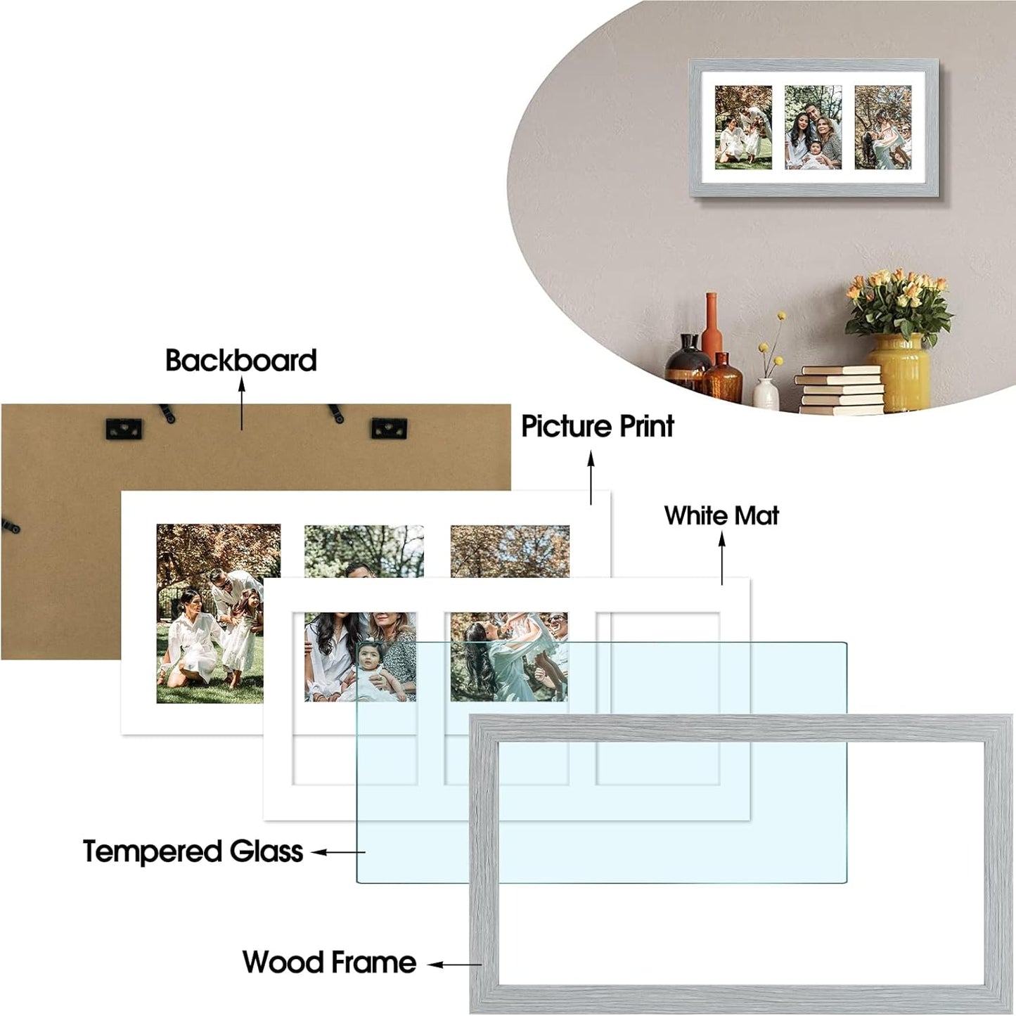 Golden State Art, 9x18 Grey Wood Frame - White Mat for Three 5x7 Pictures - Sawtooth Hangers - Swivel Tabs - Wall Mounting - Landscape/Portrait - Real Glass - Collage Frame