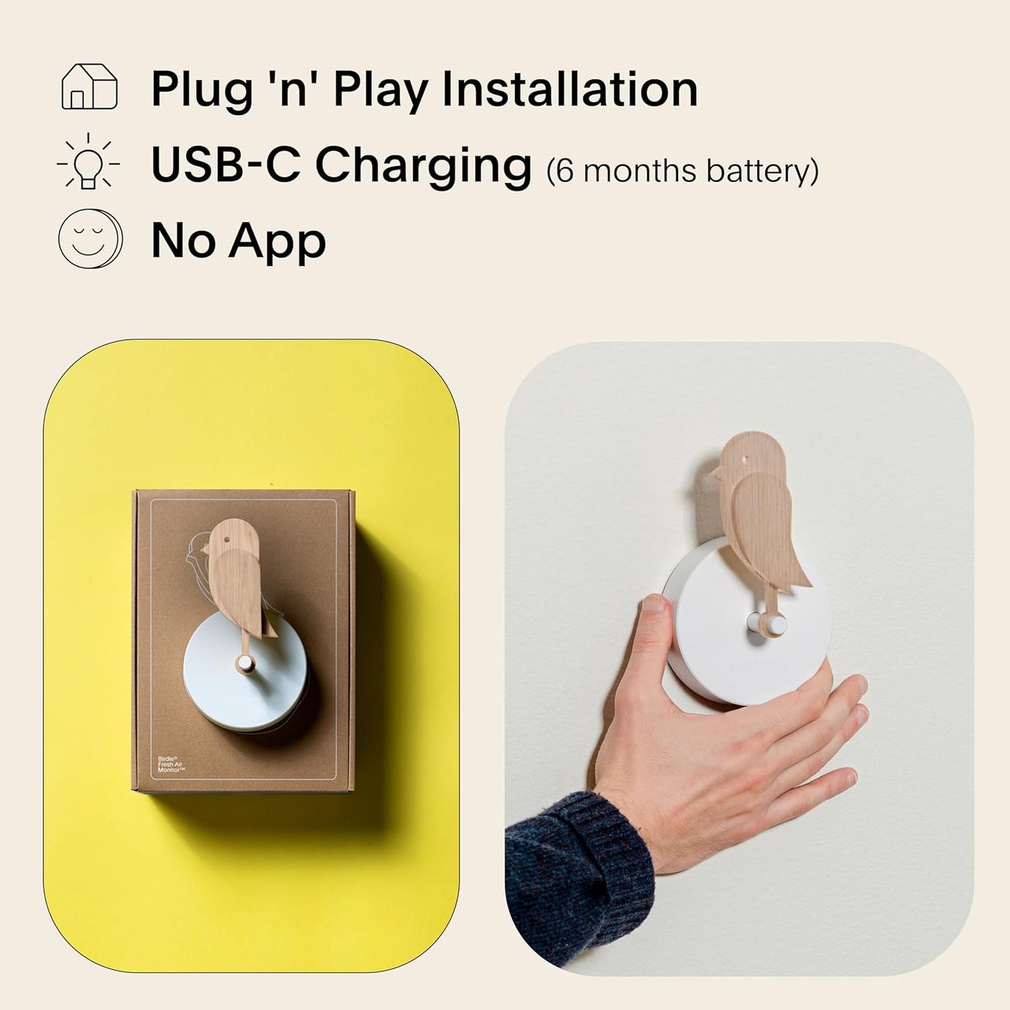 Birdie 2.0 - Design Indoor CO2 Monitor - Air Quality Meter for Home & Office - Promotes Mental & Physical Health - Modern Interior Decor - Reducing Health Risks with Clean Air (Wood, FullBirdie)