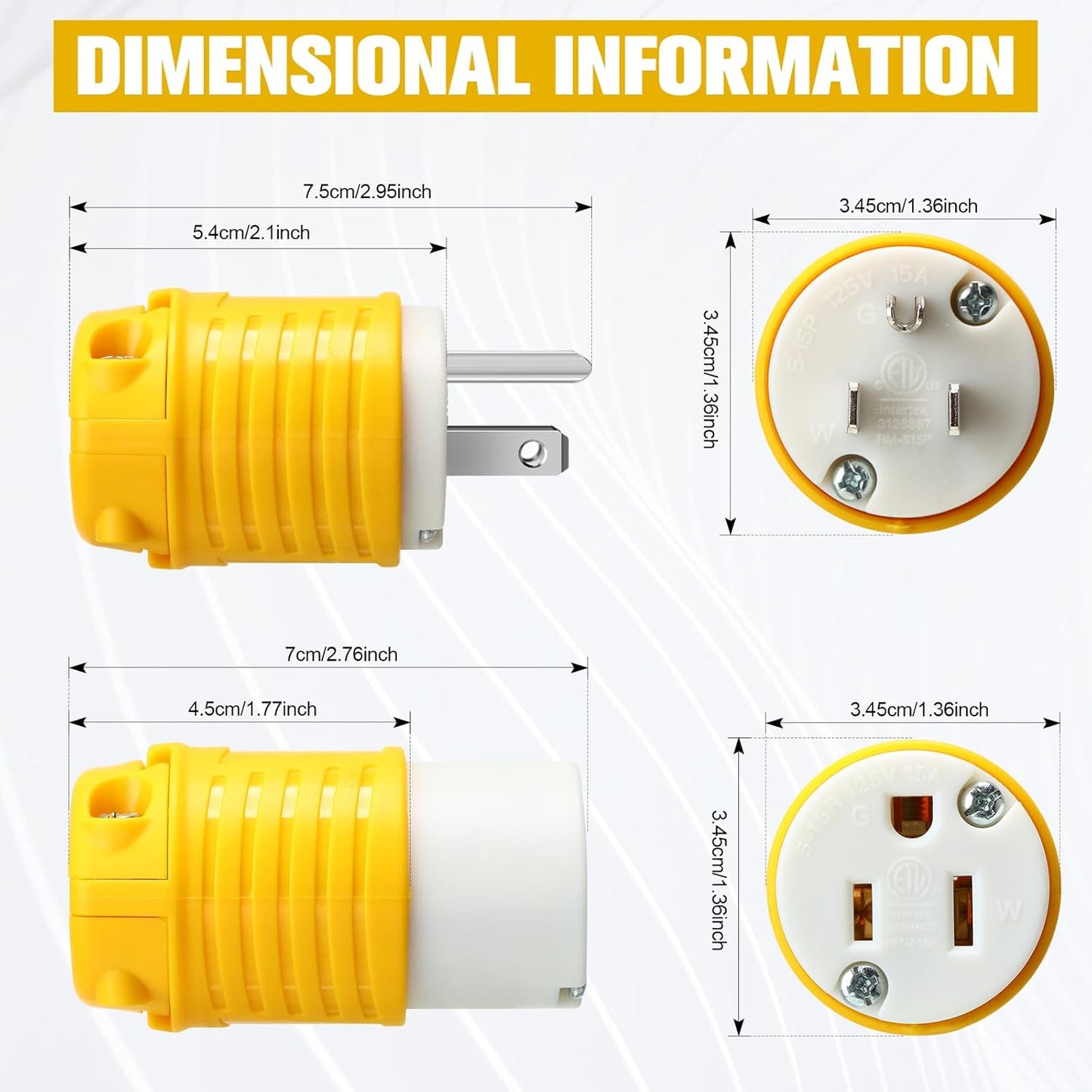 Sherr 24 Pcs Extension Cord Ends 15A 125V 2 Pole 3 Wire Heavy Duty Replacement Male Plug Female Connector Set 5-15P 5-15R Straight Blade Plug Grounding Type/ETL Listed (Male,Female)