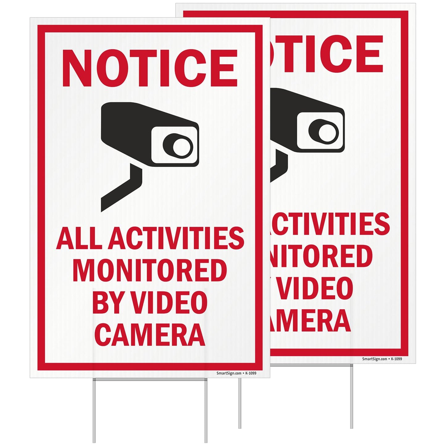 SmartSign 12" x 18" (2-Pack) All Activities Monitored By Video Camera Yard Sign with 15" Metal H-Stake, Double Sided Sign with Camera Symbol, 160 mil Thick Corrugated Plastic Lawn Signs, USA-Made
