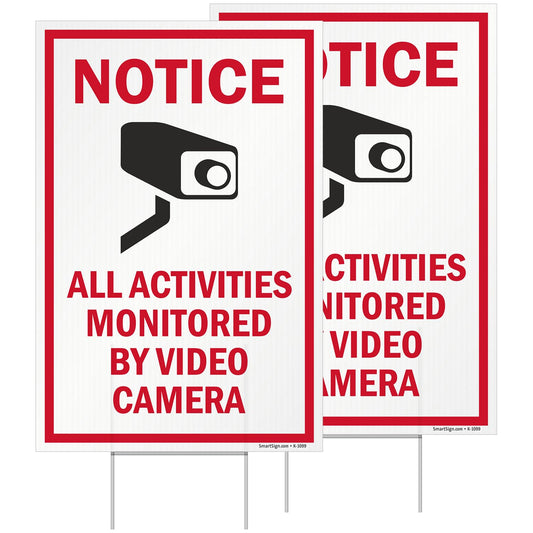 SmartSign 12" x 18" (2-Pack) All Activities Monitored By Video Camera Yard Sign with 15" Metal H-Stake, Double Sided Sign with Camera Symbol, 160 mil Thick Corrugated Plastic Lawn Signs, USA-Made