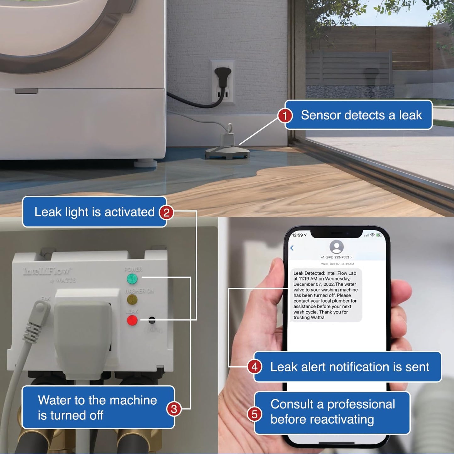 Watts A2C-SC Series Intelliflow 1/2" Washing Machine Smart Water Shutoff Valve with Leak Sensor, Inlet Adapters, Without Wall Box, Automated Flood Detection with Real-Time Text and E-Mail Alerts