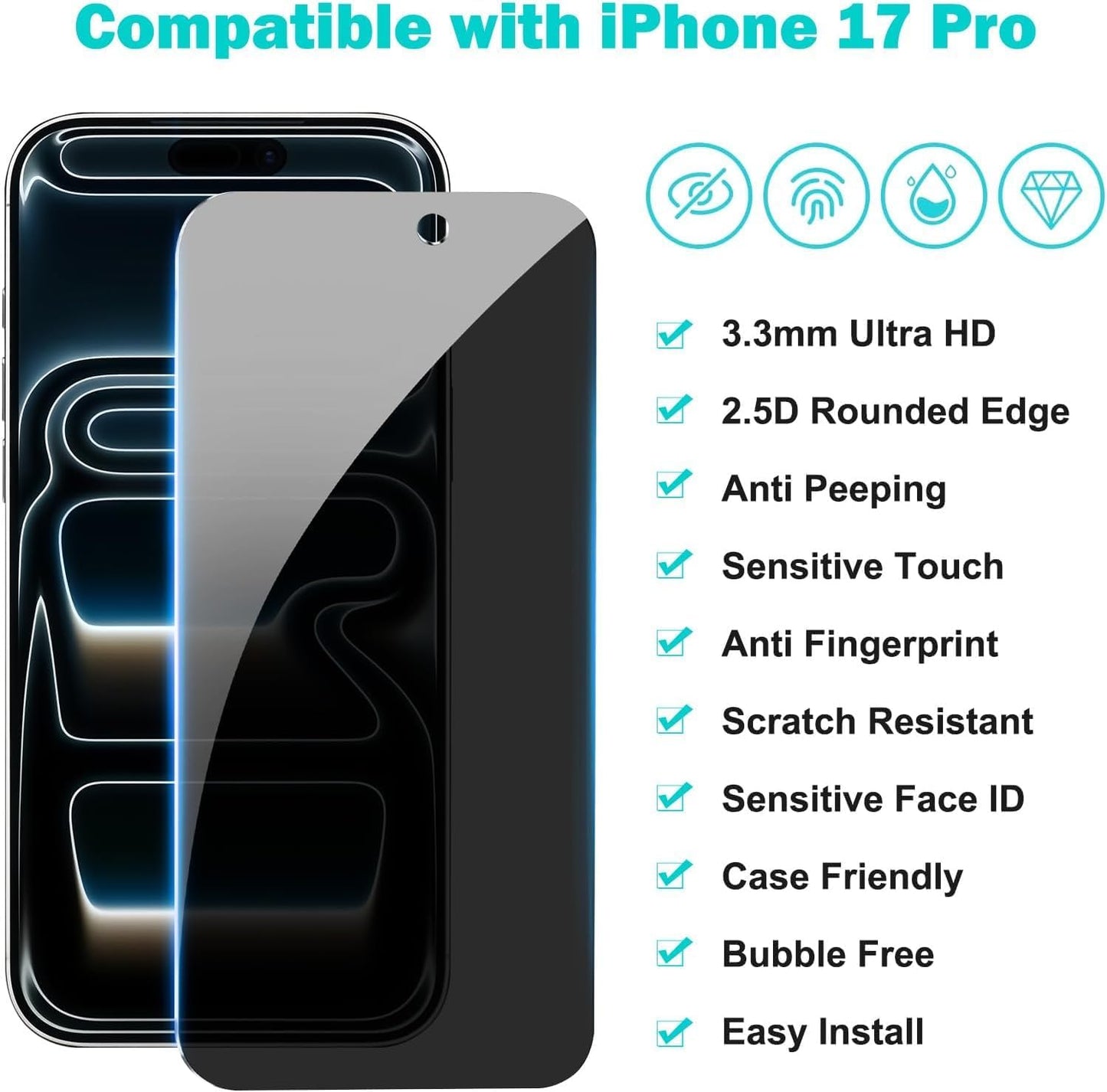 3 Pack for iPhone 17 Pro Screen Protector Privacy Full Cover Glass + 2 Camera Lens Protector 9H+ Tempered Glass Military Grade Shatterproof Anti Spy Bubble Free Auto installation Frame
