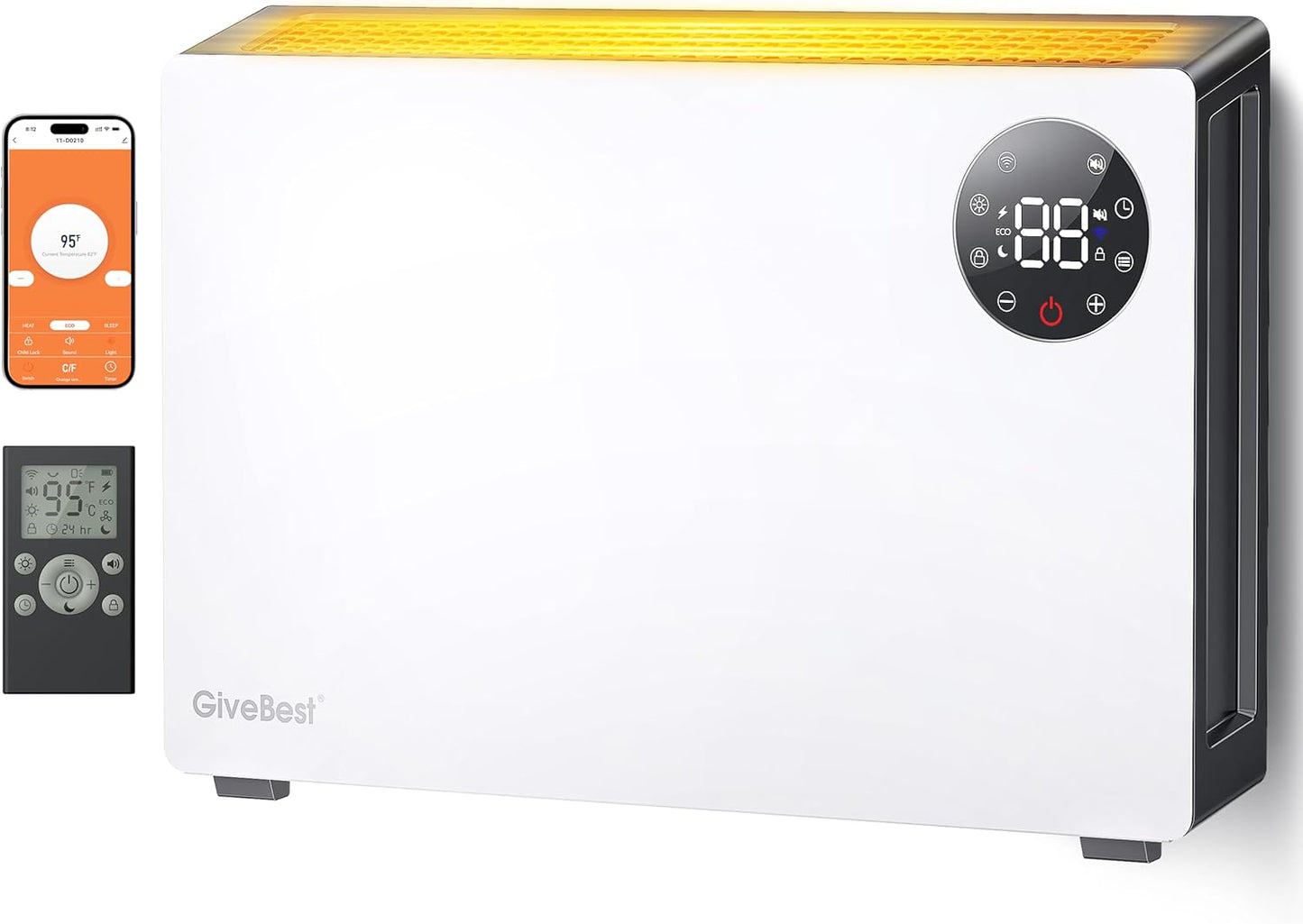 GiveBest Super Quiet Wall Heaters for Indoor Use, Baseboard Design Space Heater, Adjustable Thermostat, Child Lock, 12H Timer, 1500W Easy-mounted Electric Smart Heater for Bedroom Living Room Garage