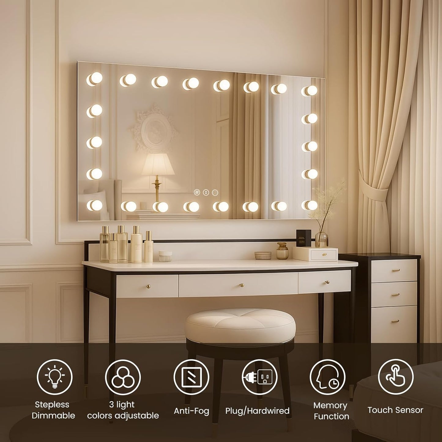 WTTY LED Bathroom Mirror with Lights 48"x36" Hollywood Wall-Mounted Mirror with 3 Color Temperatures, Stepless Dimmable Bulbs, Anti-Fog & Shatter-Proof