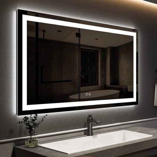 ROOMTEC 48X30 Inch Led Mirror for Bathroom,Backlit Lighted,Anti-Fog, Dimmable, Vertical & Horizontal Mount (Square-48 * 30",Frosted), Silver