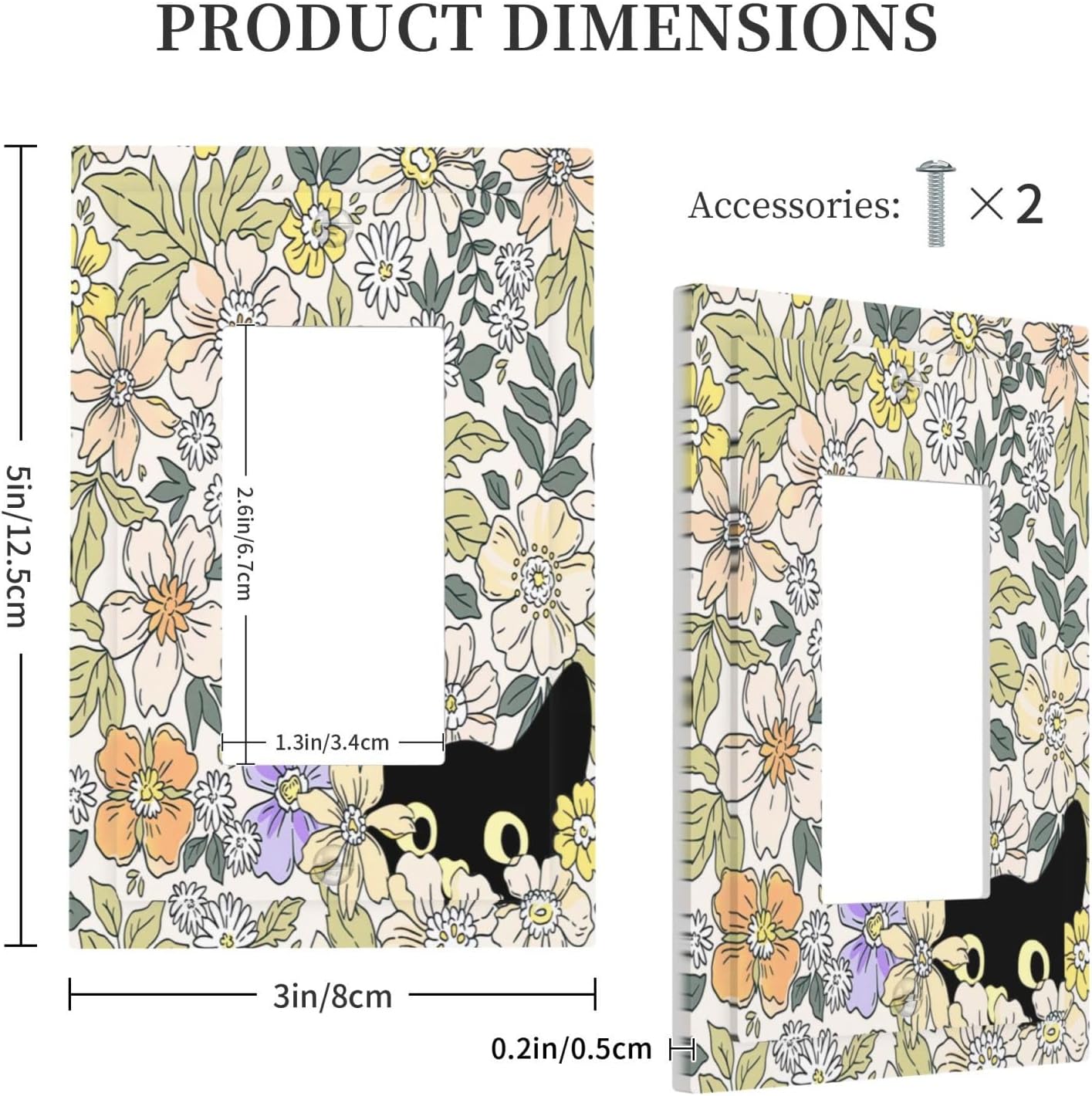 Decorative Outlet Covers Cute Black Cat in a Flower Patch Botanical Garden 1 Gang Rocker Light Switch Covers Single Decora GFCI Device Wall Plate for Bedroom Home Decor （2 Pack）