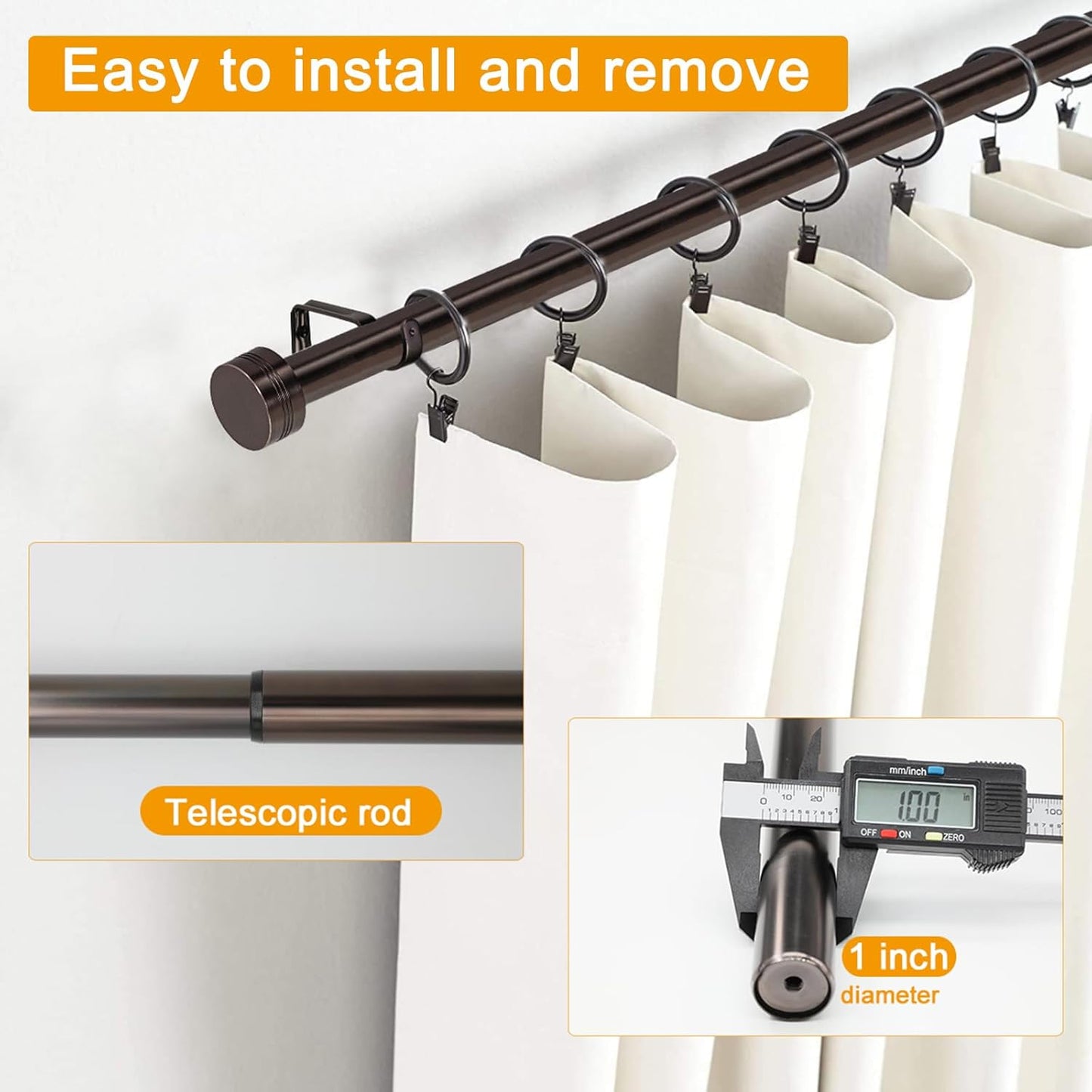 Adjustable Curtain Rods-18 to 88 Inches,1 Inch Modern Metal Drapery Rods, Adjustable Heavy Duty Curtain Pole with Simple End Caps