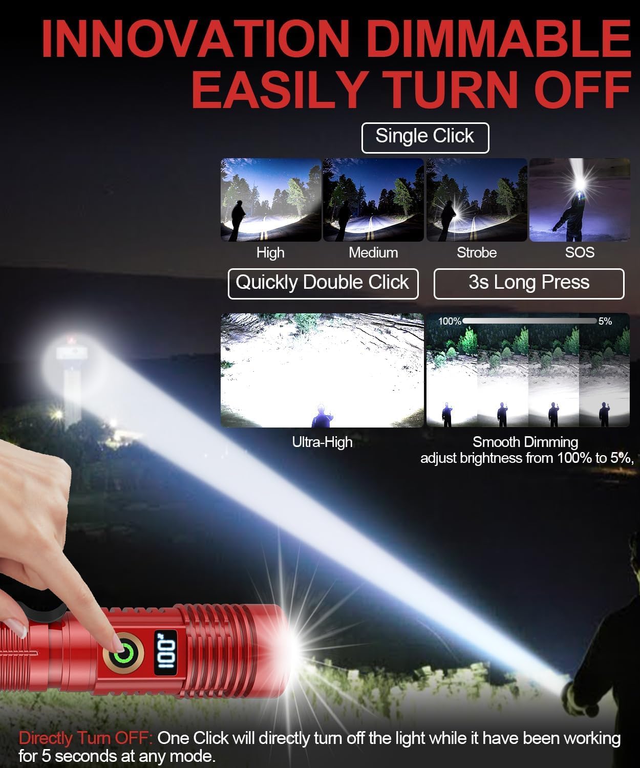 Rechargeable Flashlight High Lumens- Super Bright Magnetic Flash Light with Power Digital Display,Long Range,Dimmable,Waterproof,Pocket LED Flashlights for Emergency Camping 2PC Red