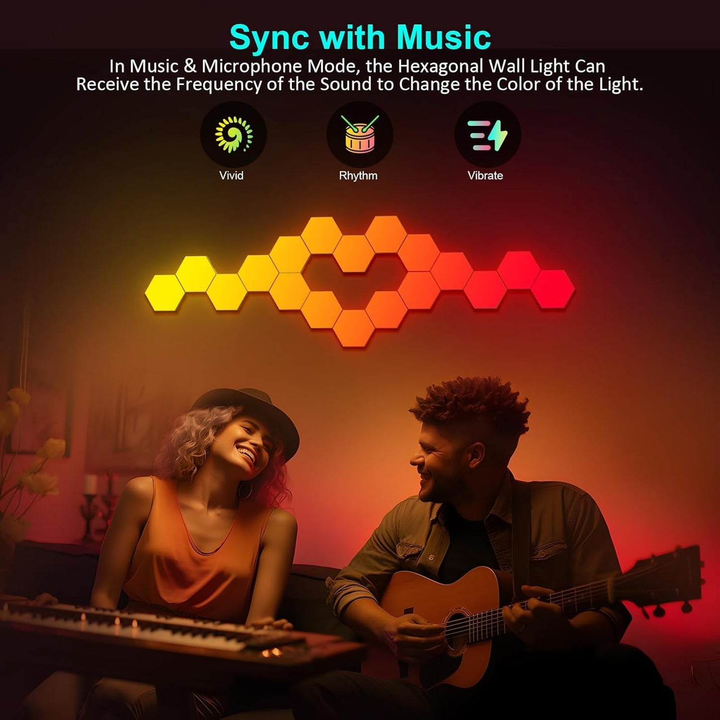 Hexagon LED Lights 12 Pack - RGB Wall Panels with Music Sync, Smart App & Remote Control, DIY Modular Hex Light for Gaming Room, Bedroom, Living Room, Wall Decor
