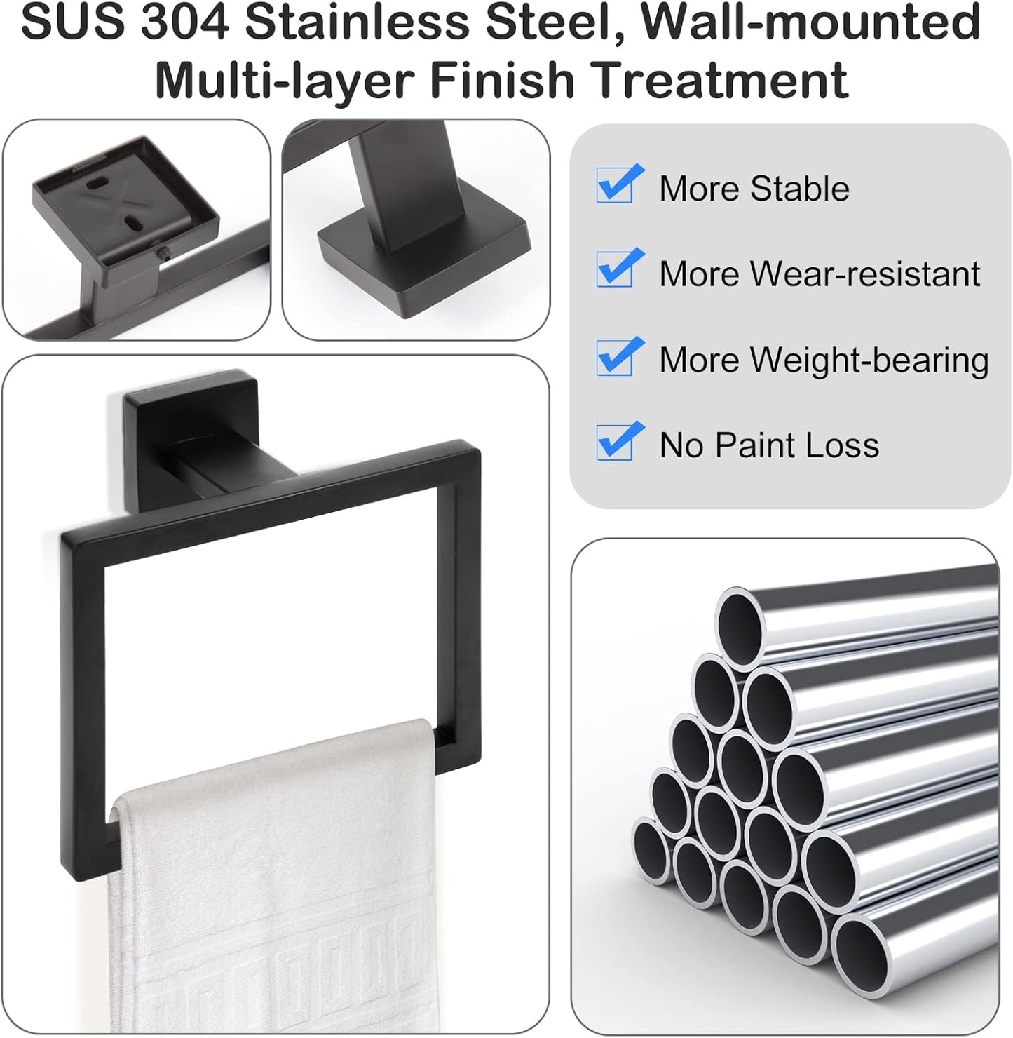 Matte Black Towel Ring,Square Hand Towel Holder,Towel Hanger, Bathroom Hardware Accessories,Stainless Steel Wall-Mounted Towel Hoder