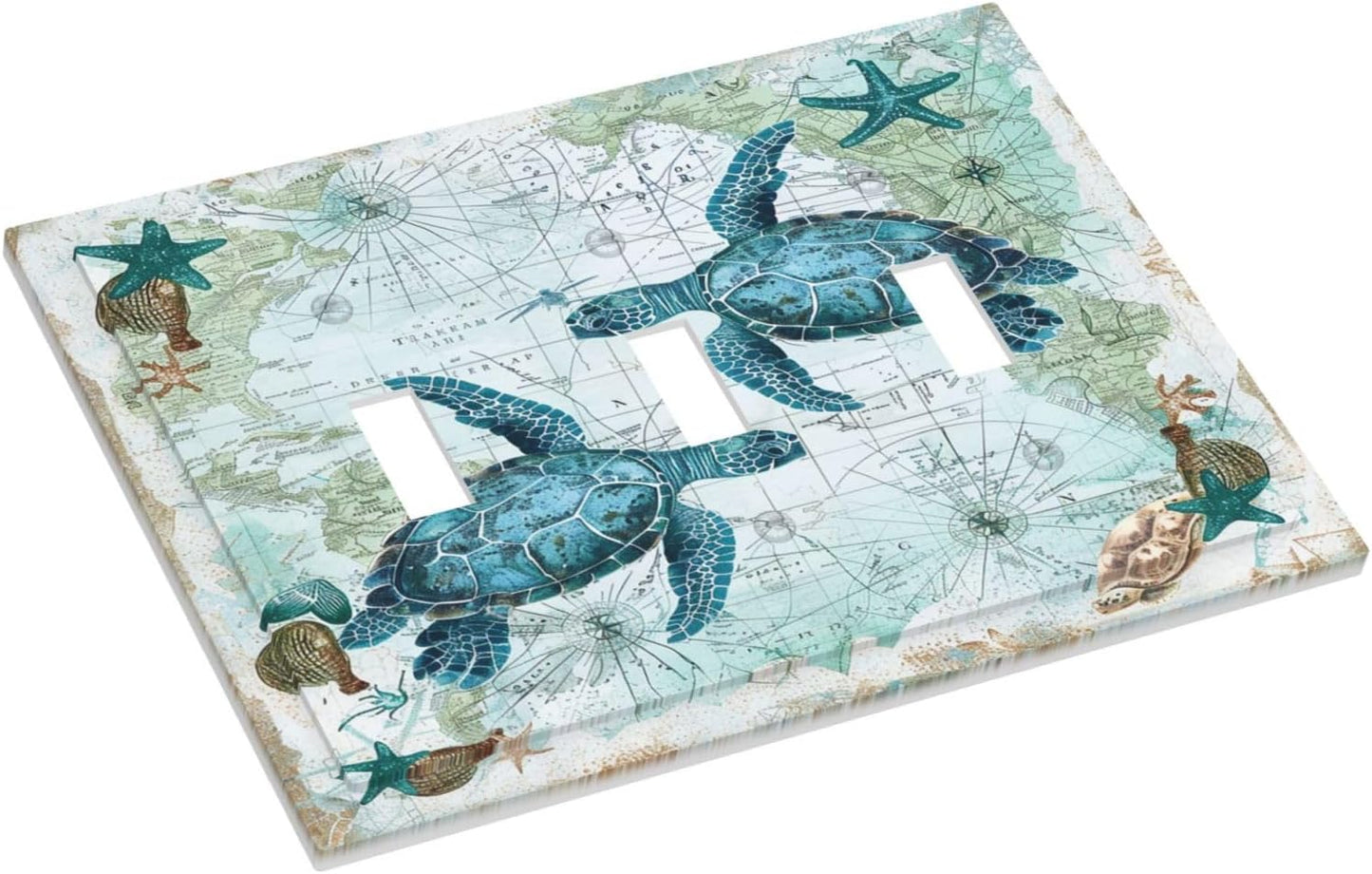 Decorative Switch Plates Nautical Green Sea Turtles Beach Blue Ocean 3 Gang Wall Plate Triple Toggle Light Switch Cover Faceplate Electrical Wall Panels For Bathroom Kids Room Decor