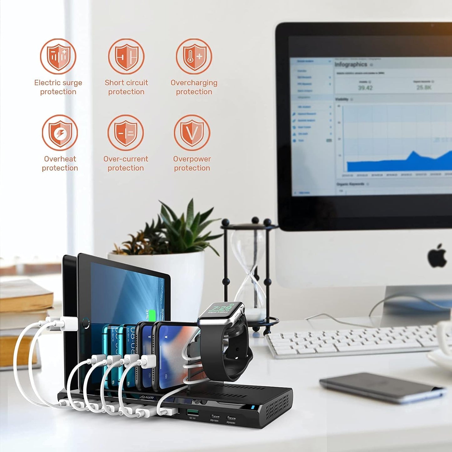 Alxum 120w 10 Port Charging Cradle with 6 USB-A Chargers 2 Qc3.0 2 PD 18W Fast Charging with Watch Stand Suitable for A Wide Range of Devices with Overvoltage, Overcurrent, and Overcharge Protection