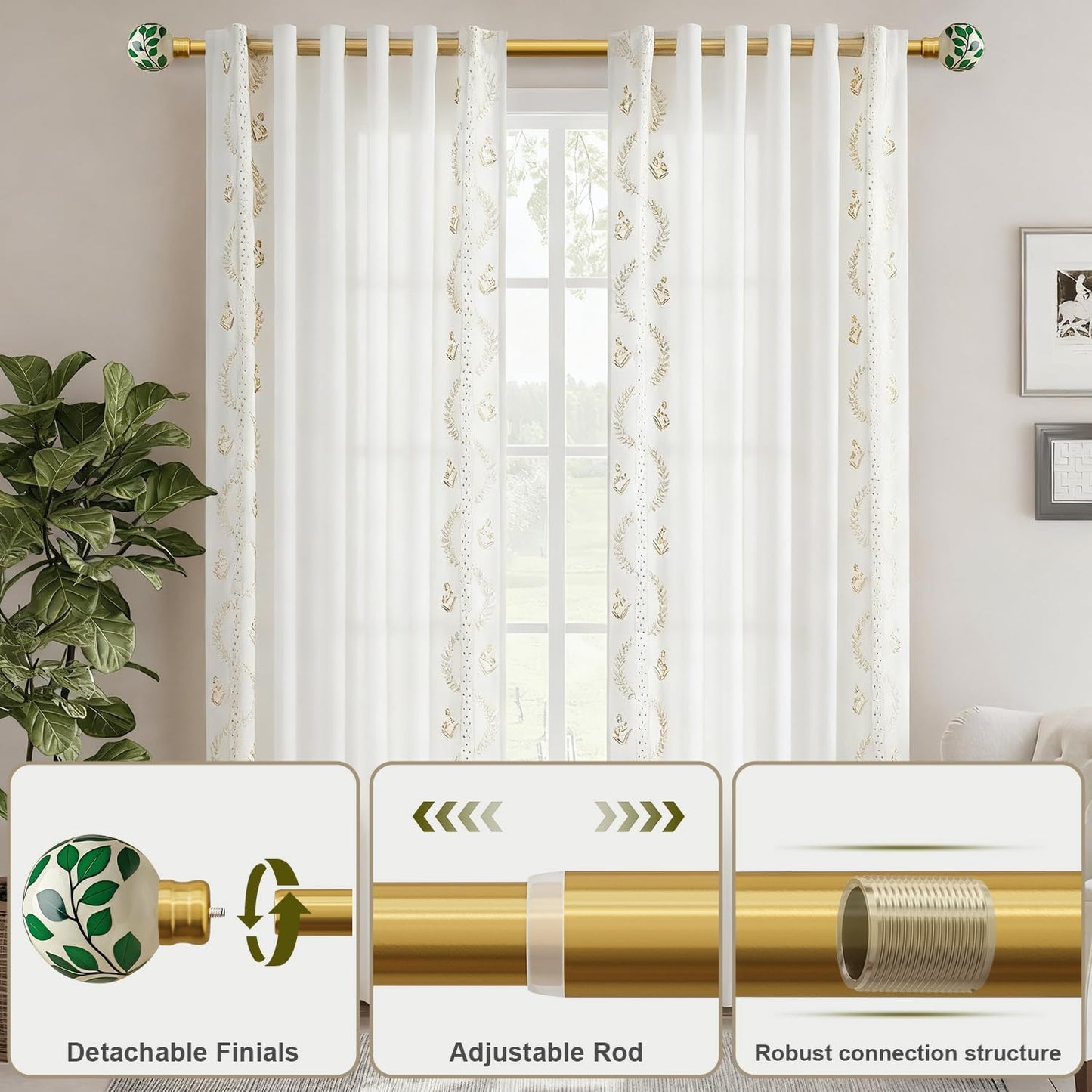 Ceramic Gold Curtain Rods for Windows 66 to 120 Inches Adjustable Length Heavy Duty 1" Diameter Window Curtain Rod with Modern Green Leaf Pattern Decorative Finials for Bedroom Living Room Kitchen