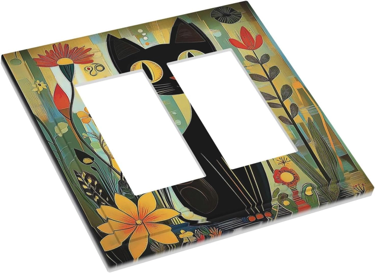 Funny Cat Retro Abstract Flowers Kitten Decorative Outlet Covers 2 Gang Double Gfci Rocker Electrical Wall Panels Light Switch Cover Plate For Kids Room Bed Room Decor