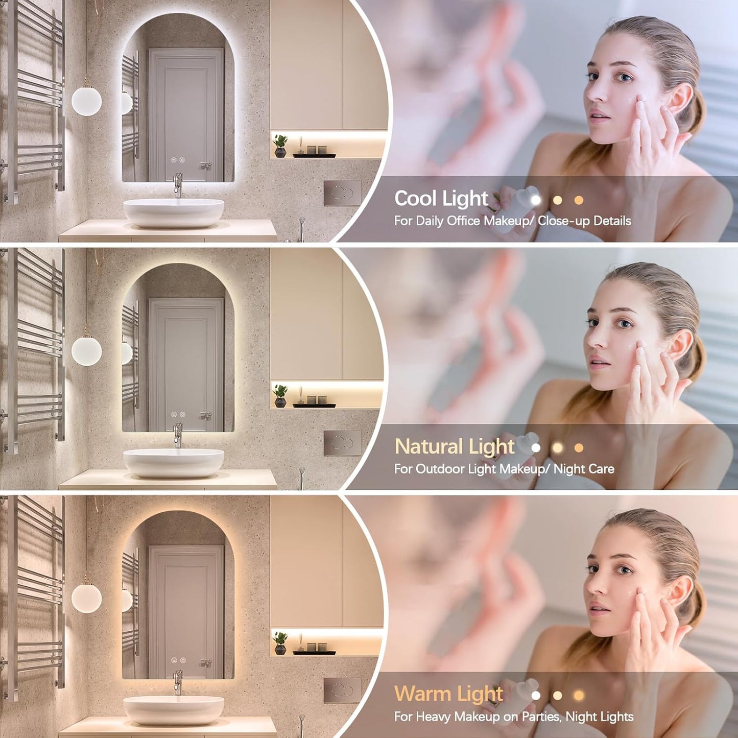Niccy Arched LED Bathroom Mirror, 40x24 Inch Arch Frameless Backlit Mirrors for Wall Arched Lighted Vanity Mirrors Defogger and 3 Color, Explosion-Proof, HD Glass and IP65 Waterproof