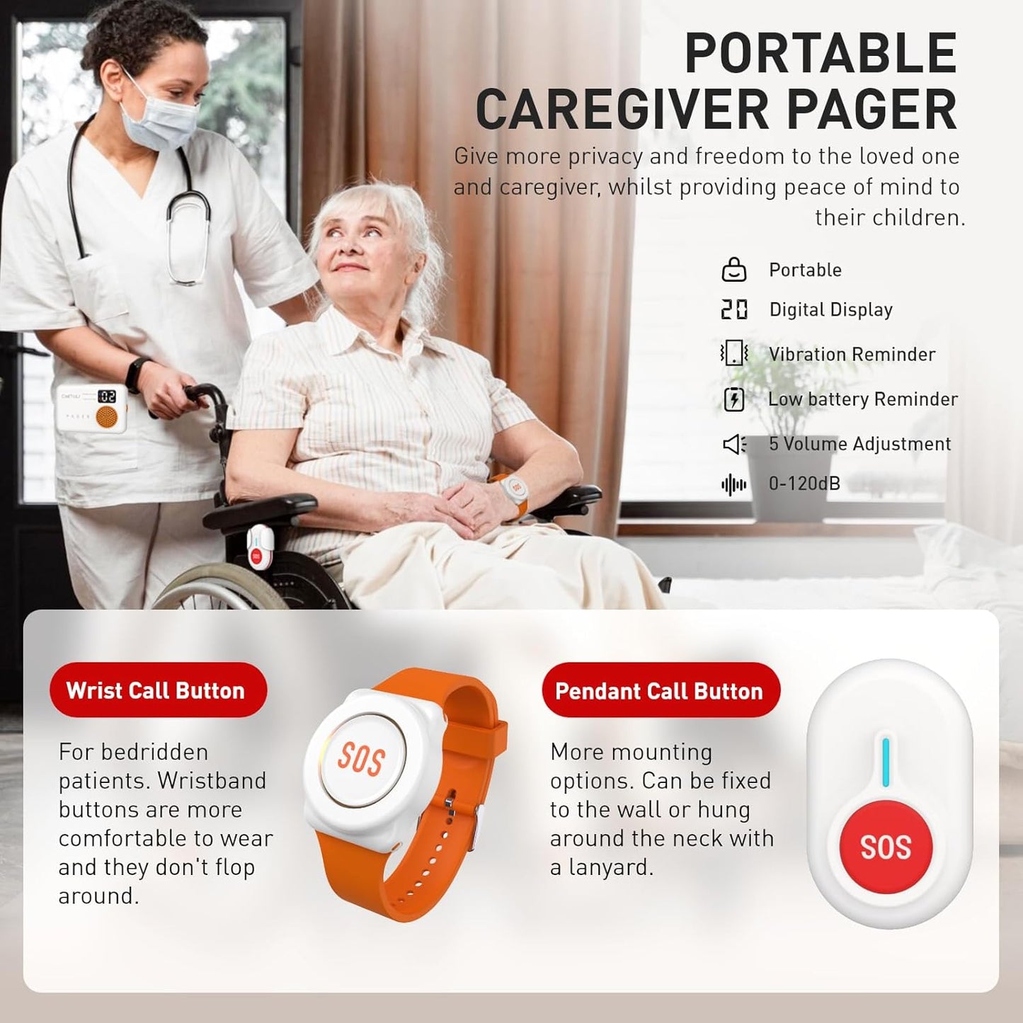 CallToU Wireless Caregiver Pager Portable Alarms for Elderly Wrist Call Button Caregiver Alert Paging System Vibrate Pager with Digital Display Nurse Call Bell Help Button, Alert Button for Seniors