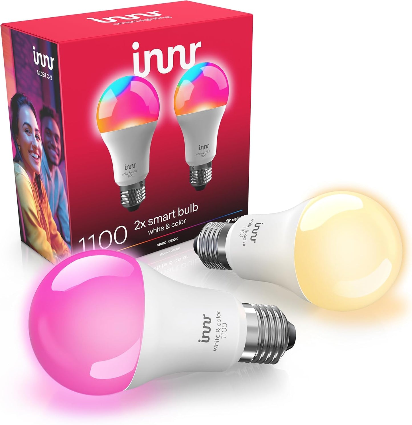 innr Zigbee A19 Smart Bulb, Works with Hue*, Alexa, SmartThings (Hub Required), White & Color, 40% More Brightness, E26 LED Color Changing Light Bulb, Dimmable, 1100 Lumen, 2-Pack