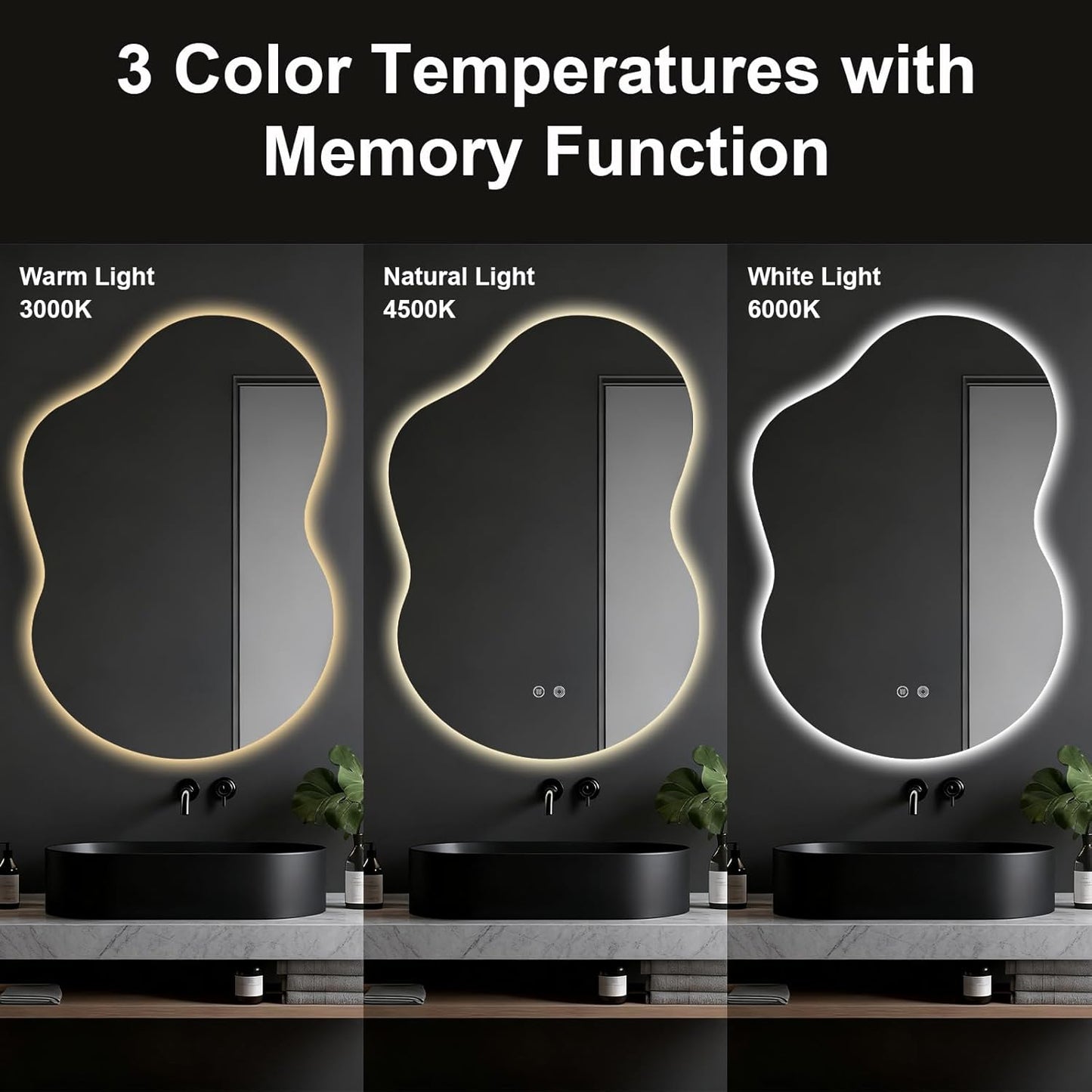 Asymmetrical Lighted Mirror for Bathroom,Modern LED Vanity Mirror with Backlit,Fog-Free,Tri-Color Dimmable Lighting with Memory Function,Hardwire Ready [Horizontal/Vertical] 40" H x 30" W