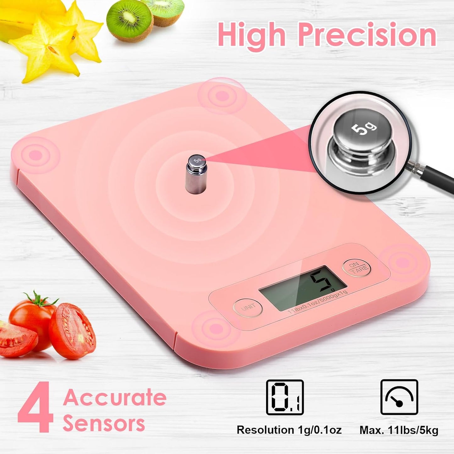 Smart Food Scale for Weight Loss, Digital Food Scale Grams and Ounces with Nutritional Calculator, Food Weight Scale for Diet, Keto, Macro, Calories Counting, Meal Prep 0.1oz/11lb (Pink)