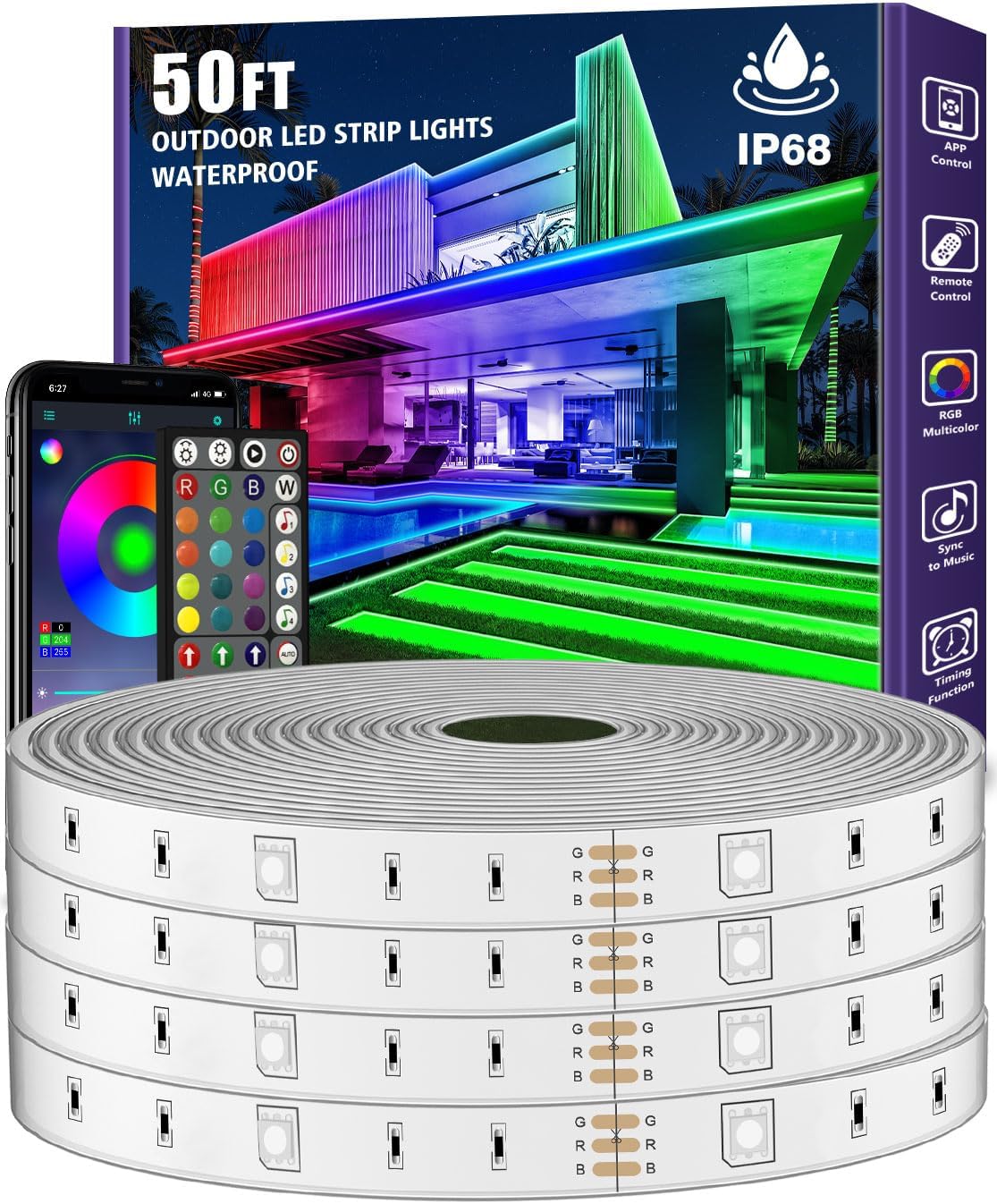 zoegi Outdoor LED Strip Lights Waterproof,Music Sync RGB IP68 Outside Led Light Strips Waterproof with App and Remote,Exterior Led Rope Lights for Deck,Balcony,Roof,Garden,Pool (50FT)