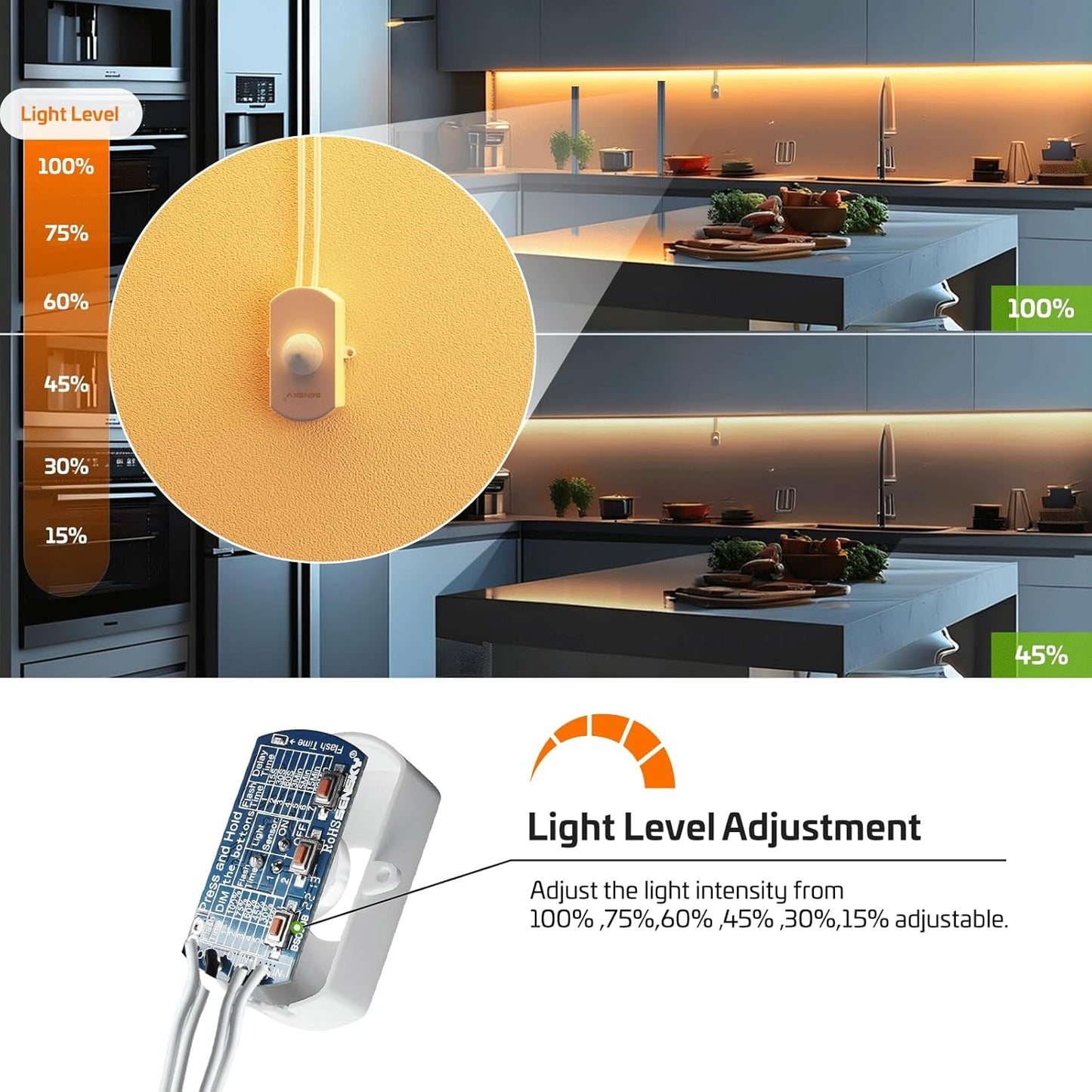 SENSKY BS010BW DC 12v to 24v 3A Mini Dimmable Pir Motion Sensor Switch Occupancy Sensor Switch for DIY LED Lighting,Kitchen Cabinet(White)
