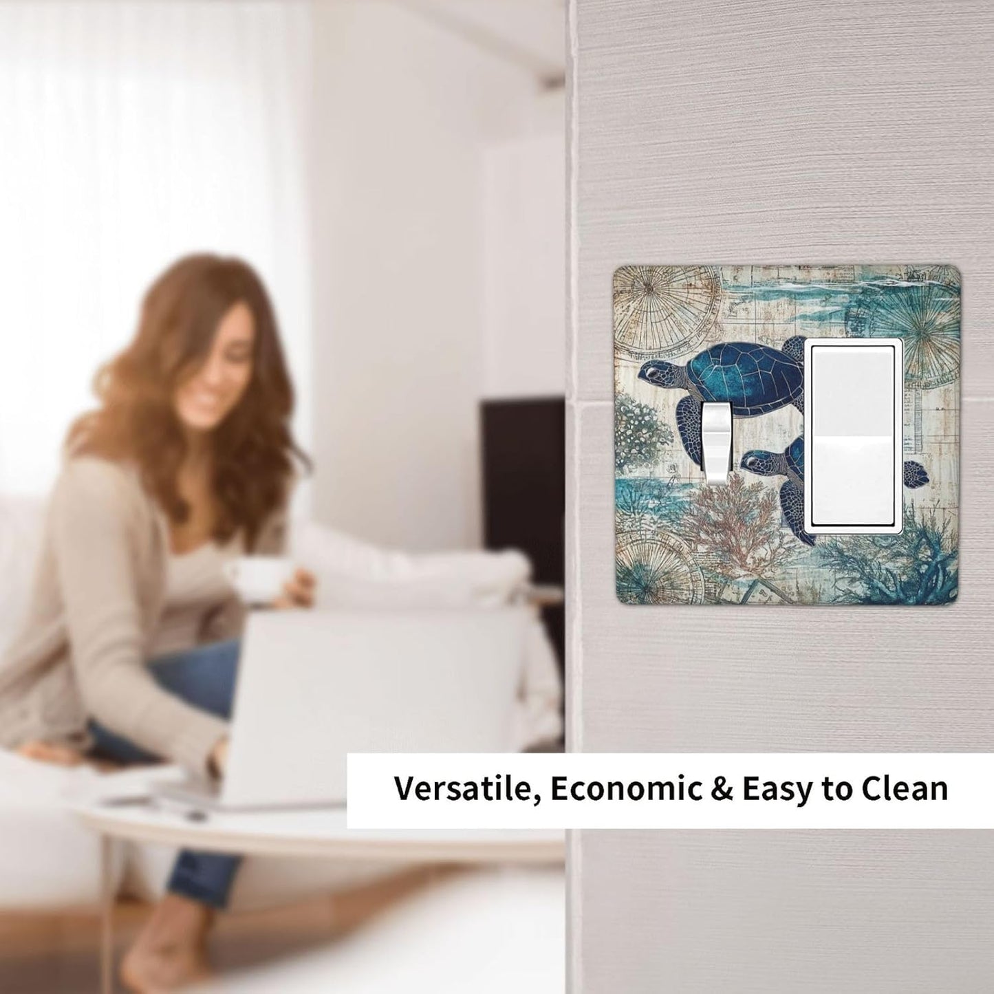 Blue Green Sea Turtle Tropical Ocean Coral Nautical Map Outlet Covers 1 Toggle 1 Rocker Combination Decorative Wall Plate Electrical Switch Plates Light Switch Cover Plate For Bed Room Bathroom Decor