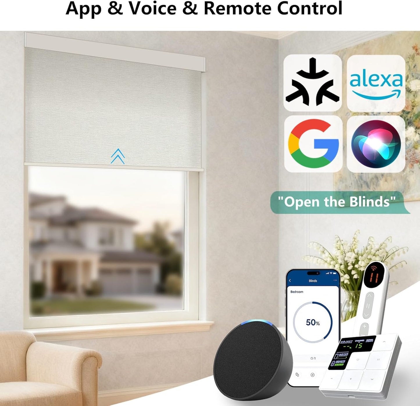 Smart Motorized Blinds – 70% Blackout Roller Shades with Remote, Alexa/Google Home/Siri Control, Matter Compatible, Wireless Rechargeable Battery, Custom Sizes for Windows & Sliding Doors
