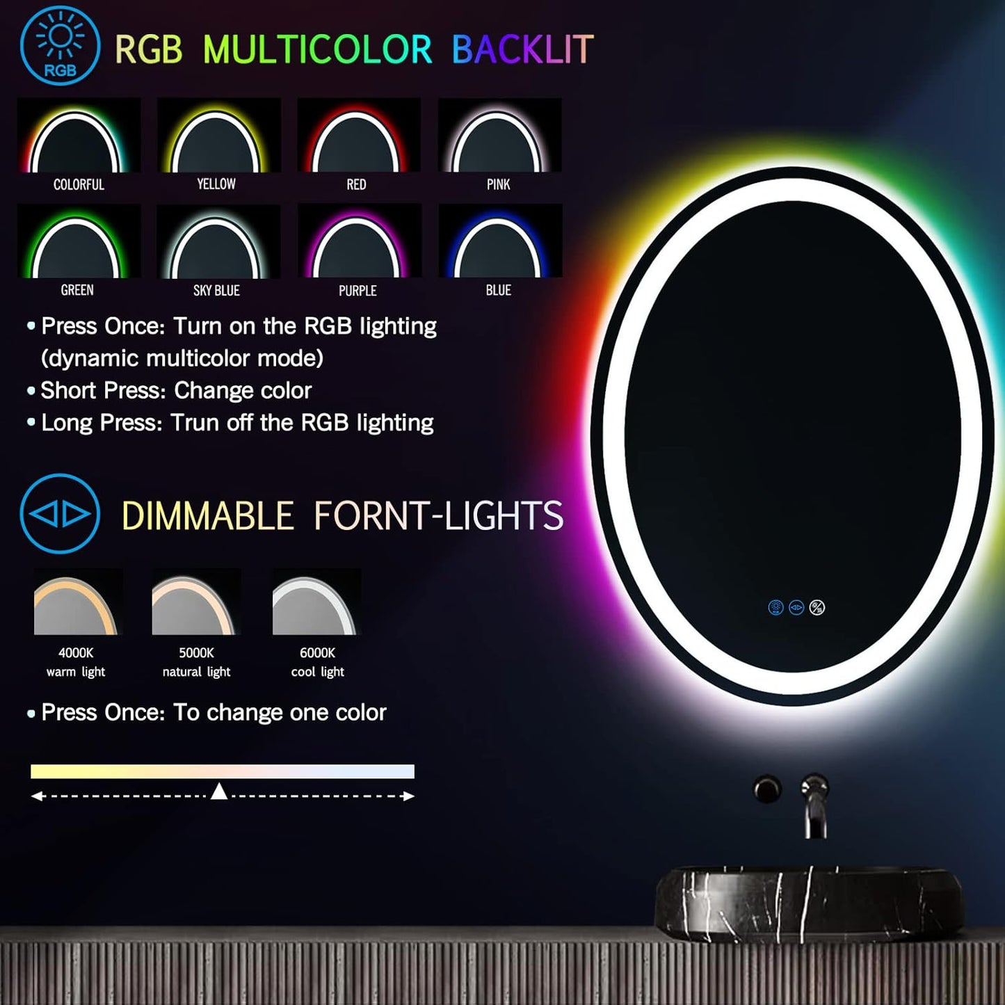 THEKLA 24 x 32 Inch LED Oval Mirror with 3 Color Front Lights + RGB Rainbow Color Changing Backlit Oval Lighted Vanity Mirror for Bathroom Wall Dimmable AntiFog 32in Ovals Smart Light up Mirrors