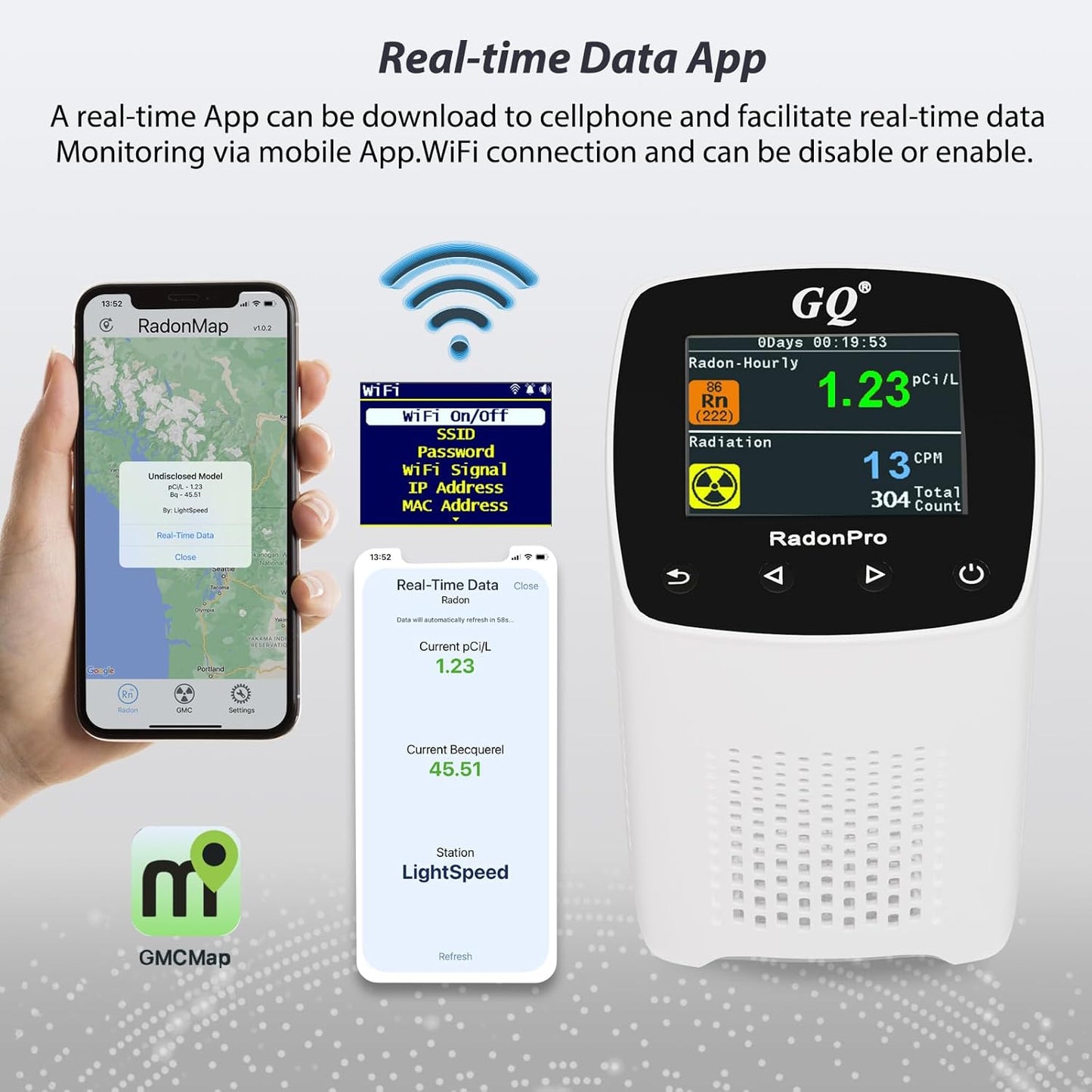 GQ Radon Detector Radon Pro 2-in-1 Radon Monitor Nuclear Radiation Detector Geiger Counter simultaneously Detection Fast Accurate Color Simple Display Made in USA