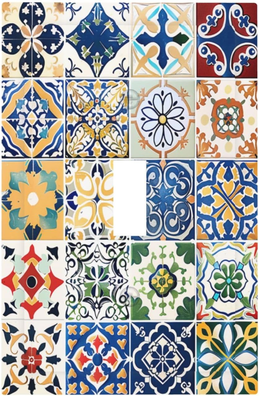 Decorative Light Switch Cover Moroccan Traditional Mexican Talavera Til 1 Gang Single Toggle Device Electrical Faceplate Switchplates Decorator Outlet Wall Plate for Kitchen Home Decor