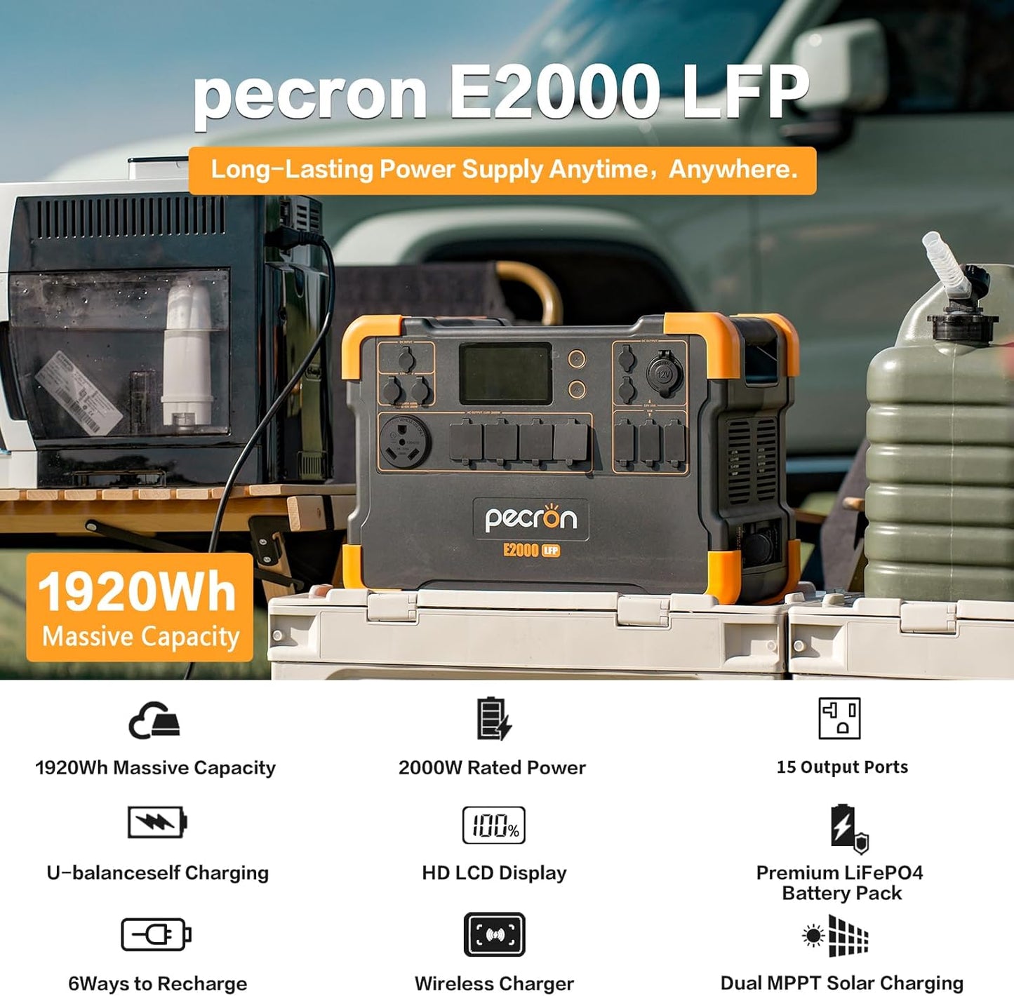 pecron Portable Power Station E2000LFP, 1920Wh LiFePO4 Battery Backup, 5X2000W AC Outlets, Expandable to 8064Wh, 1200W Max Solar Input, Backup Power for Outdoors Camping Fishing Emergency