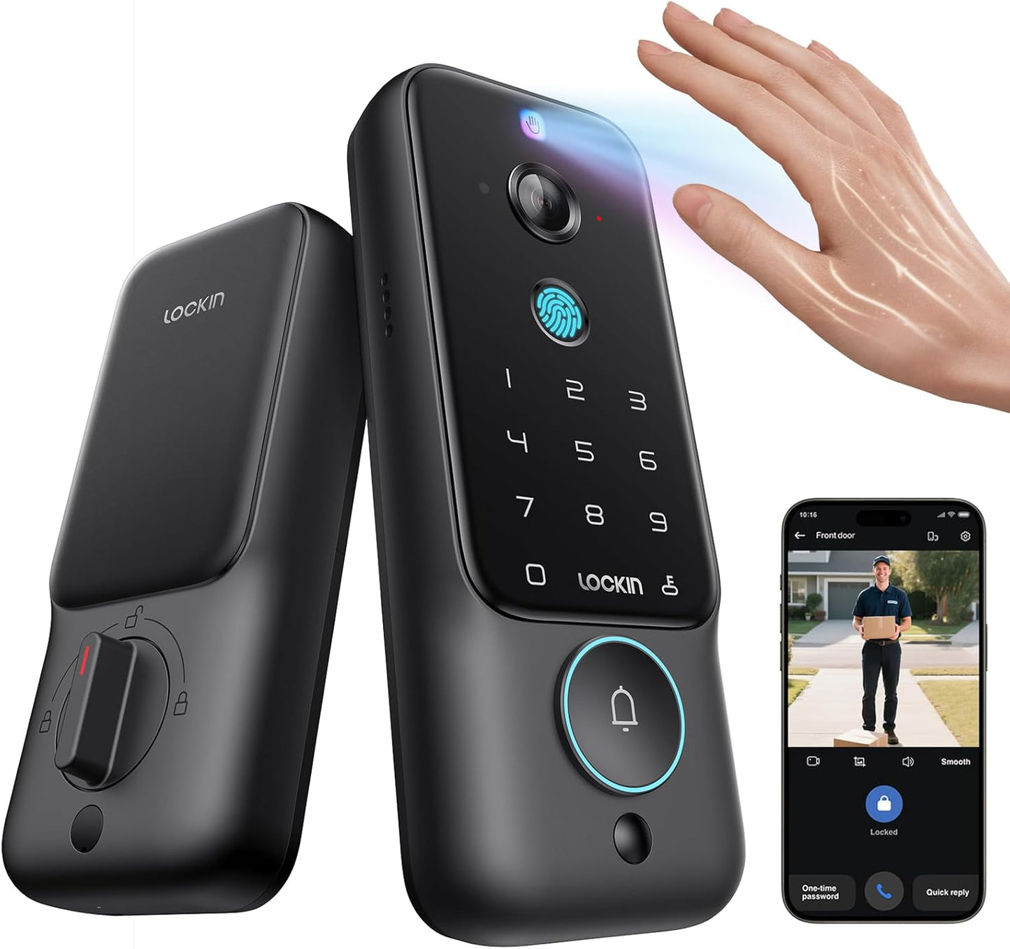 Lockin Veno Plus Smart Lock with 2K 180° Security Camera & Video Doorbell, AI Local Storage, Palm Vein/Fingerprint Keyless Entry Door Lock, Smart Locks for Front Door Bulit in Wi-Fi, App Control